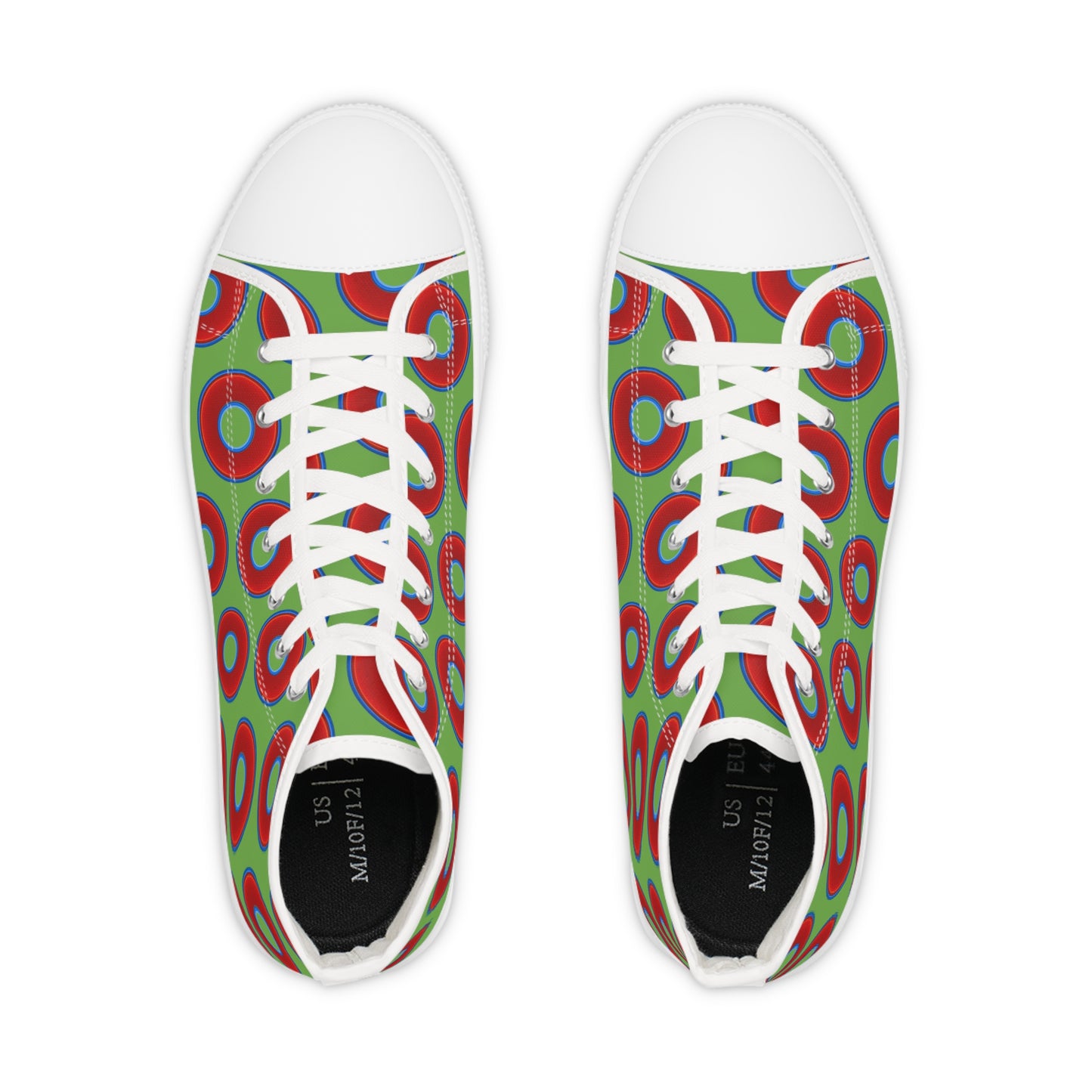 Men's High Top Chucks - large vivid red donut print w/light green background