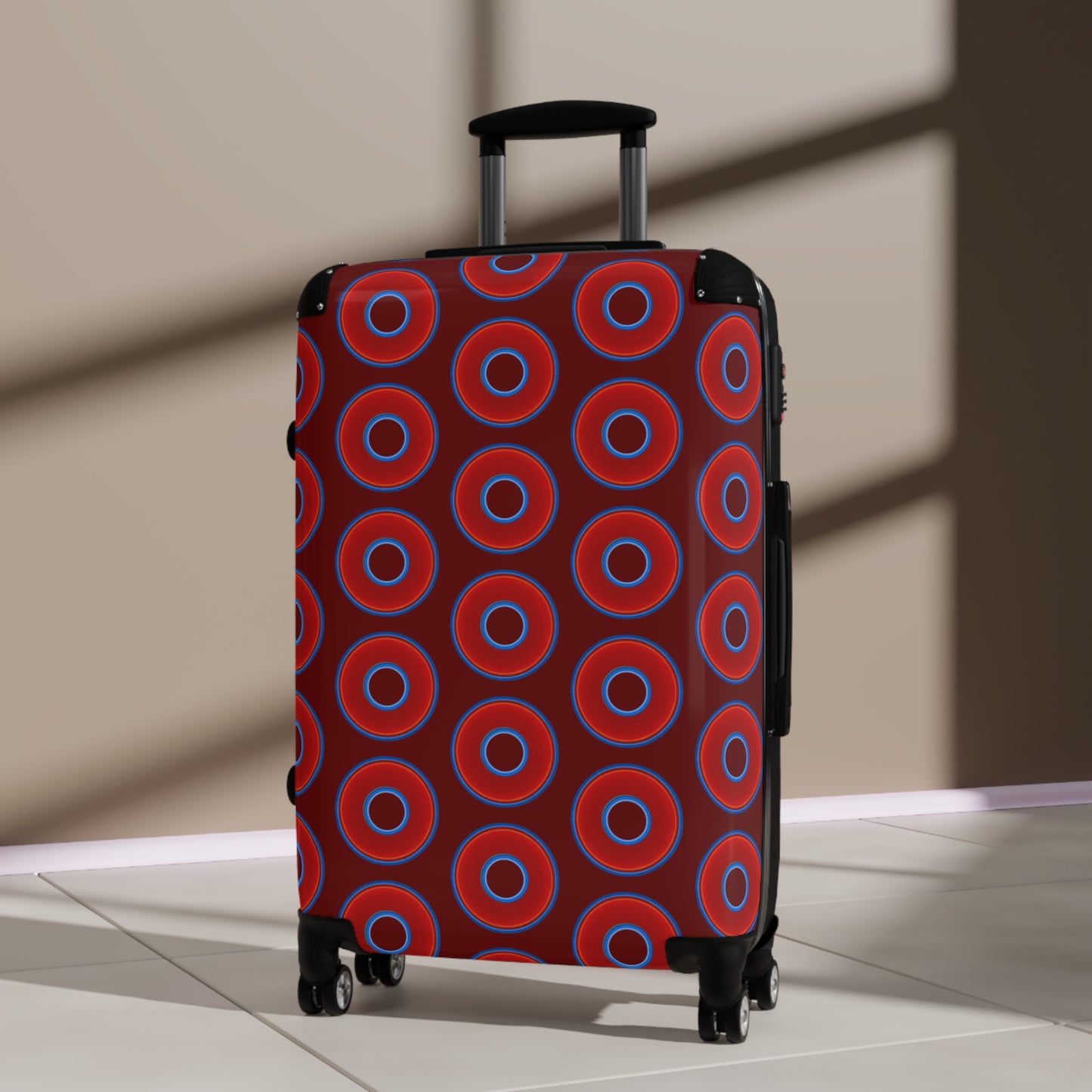 The Very Lumpy Donut Suitcase series - your choice of S, M or L - vivid red donut print w/dark red background