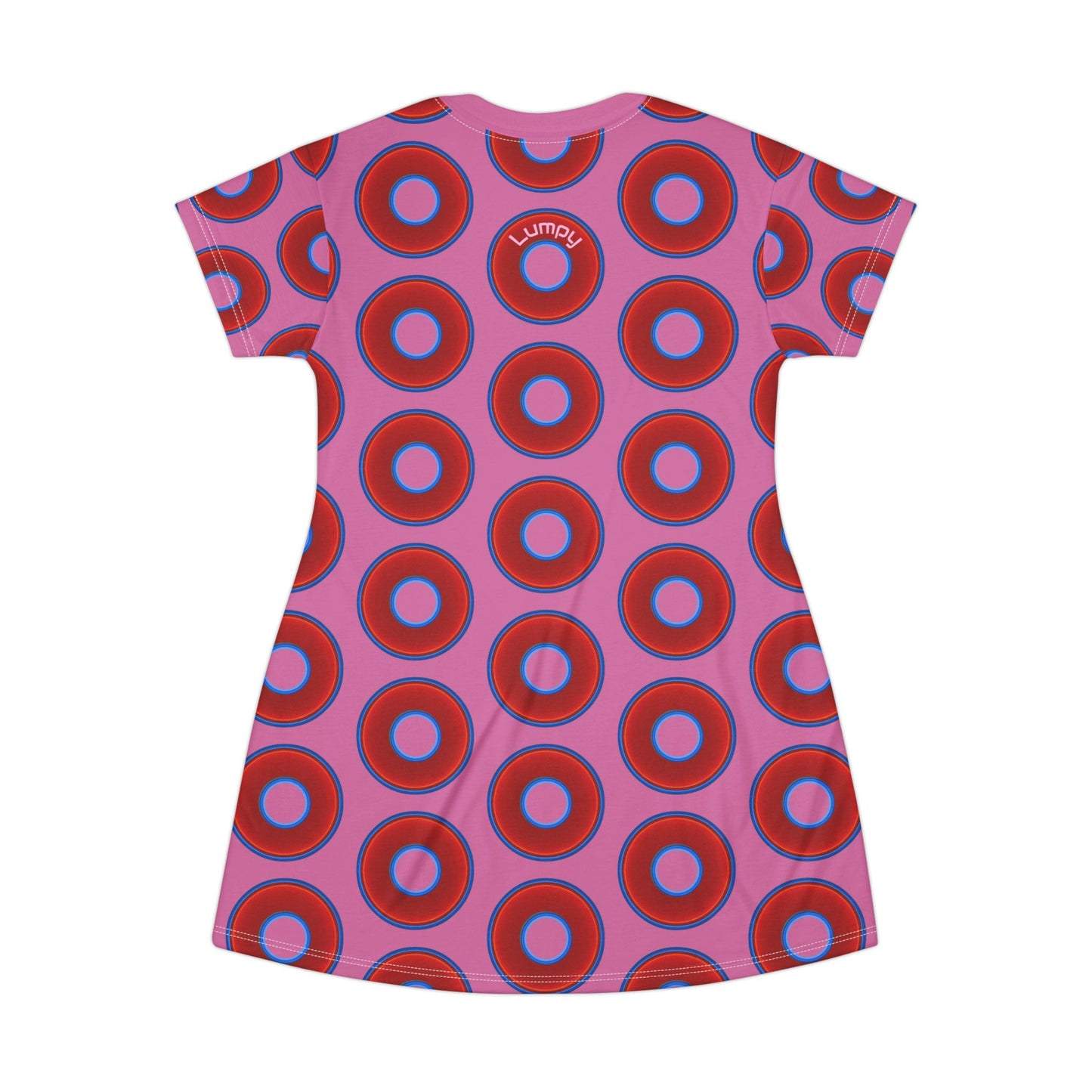 Not a Muumuu AOP Tee Shirt Dress - red vivid donuts w/pink background
