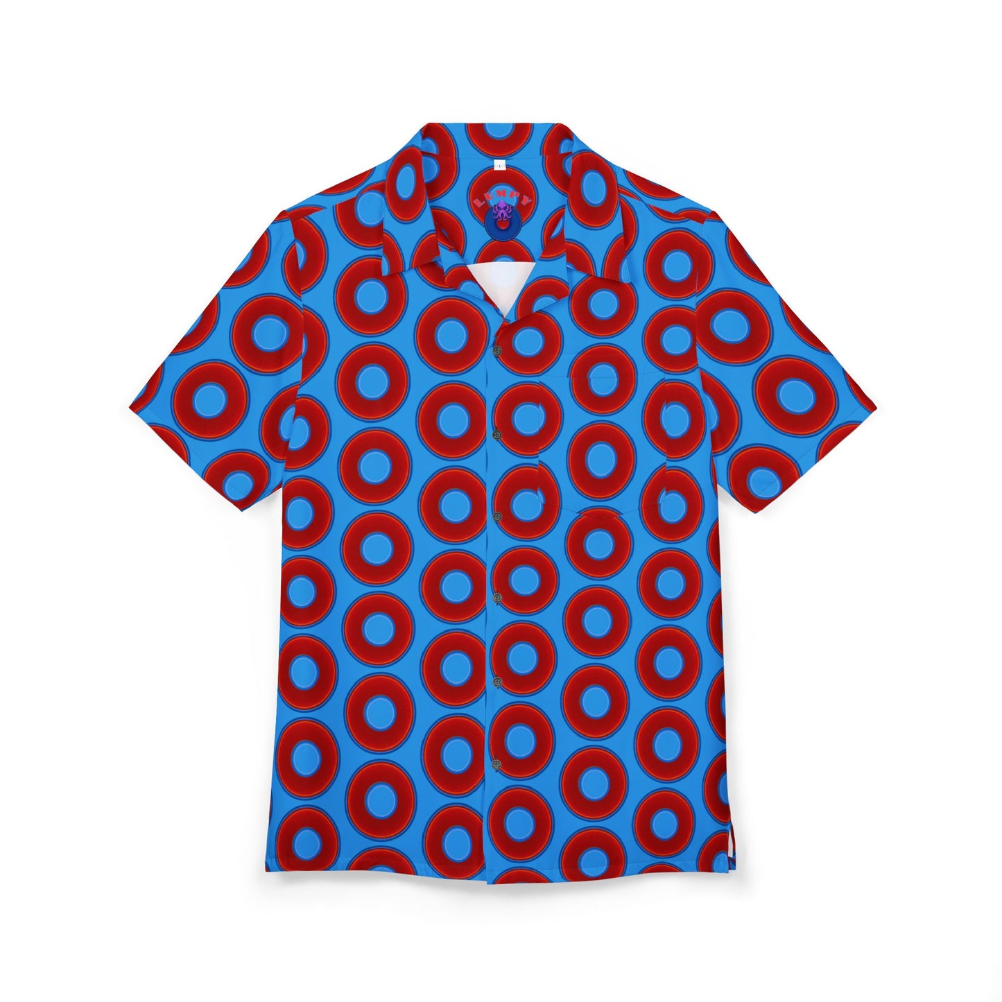 Wilson's 'Epic Hawaiian-Punch' Shirt - vivid red donut print w/sky royal blue background [unisex]