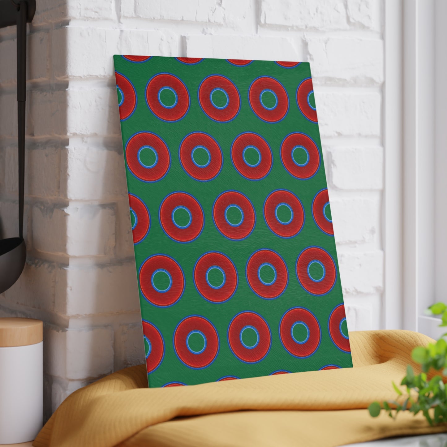 My Friend's Cutting Board - vivid red donuts w/green background