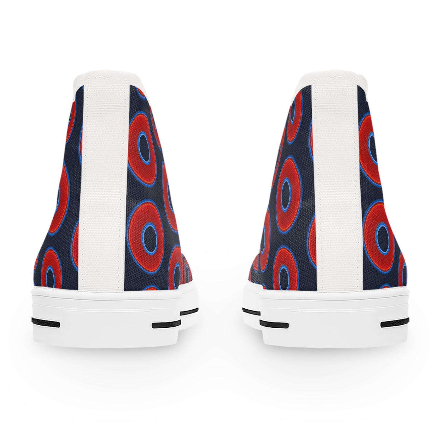Women's High Top Chuck Taylors - large vivid red donut print w/dark teal blue elite background