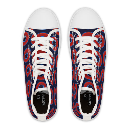Women's High Top Chuck Taylors - large vivid red donut print w/midnight blue background