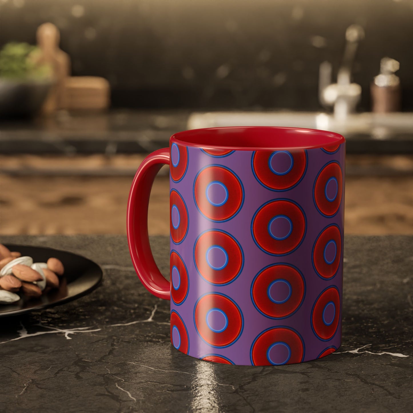 Lump's Grumpy Coffee Mug - vivid red donuts w/light purple background