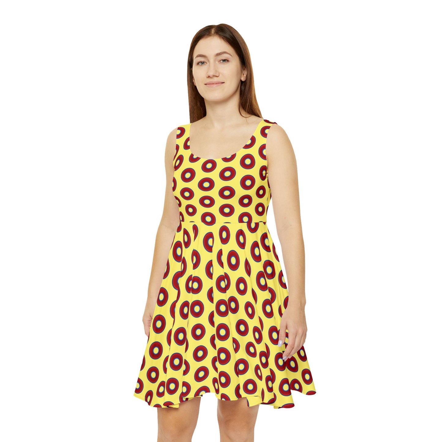 Women's Skater Donut Dress - vivid red donut print w/yellow background