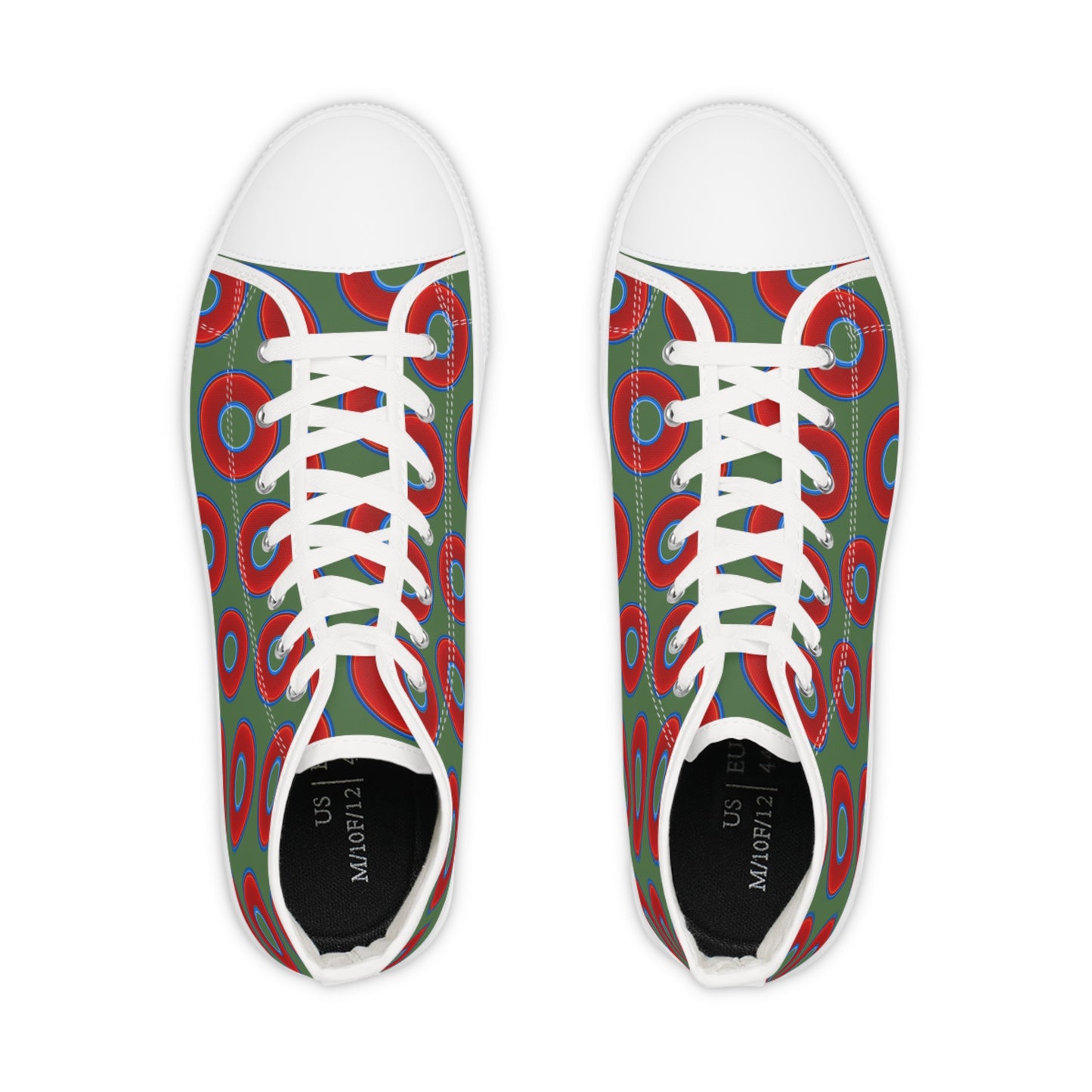 Men's High Top Chucks - large vivid red donut print w/dark green background