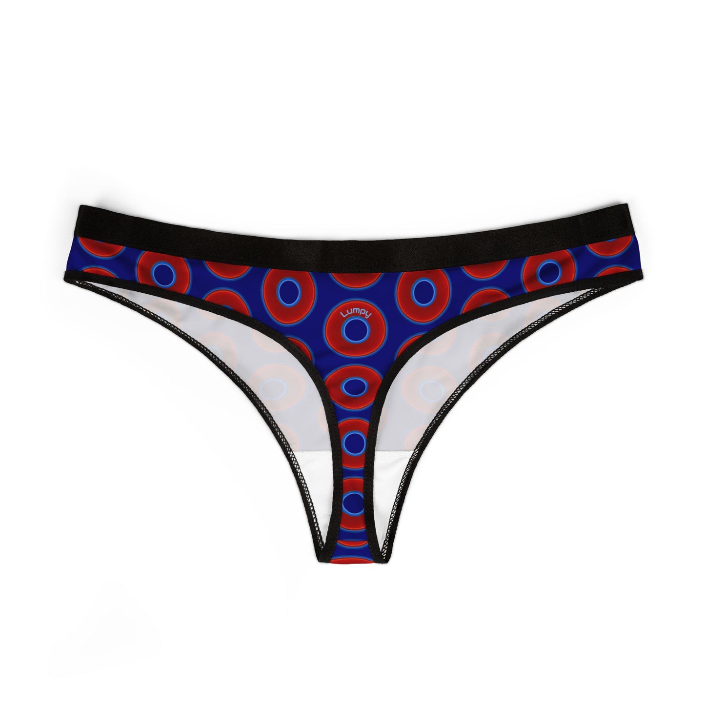Lumpy Donut Thongs - red vivid donut print w/vivid navy blue background