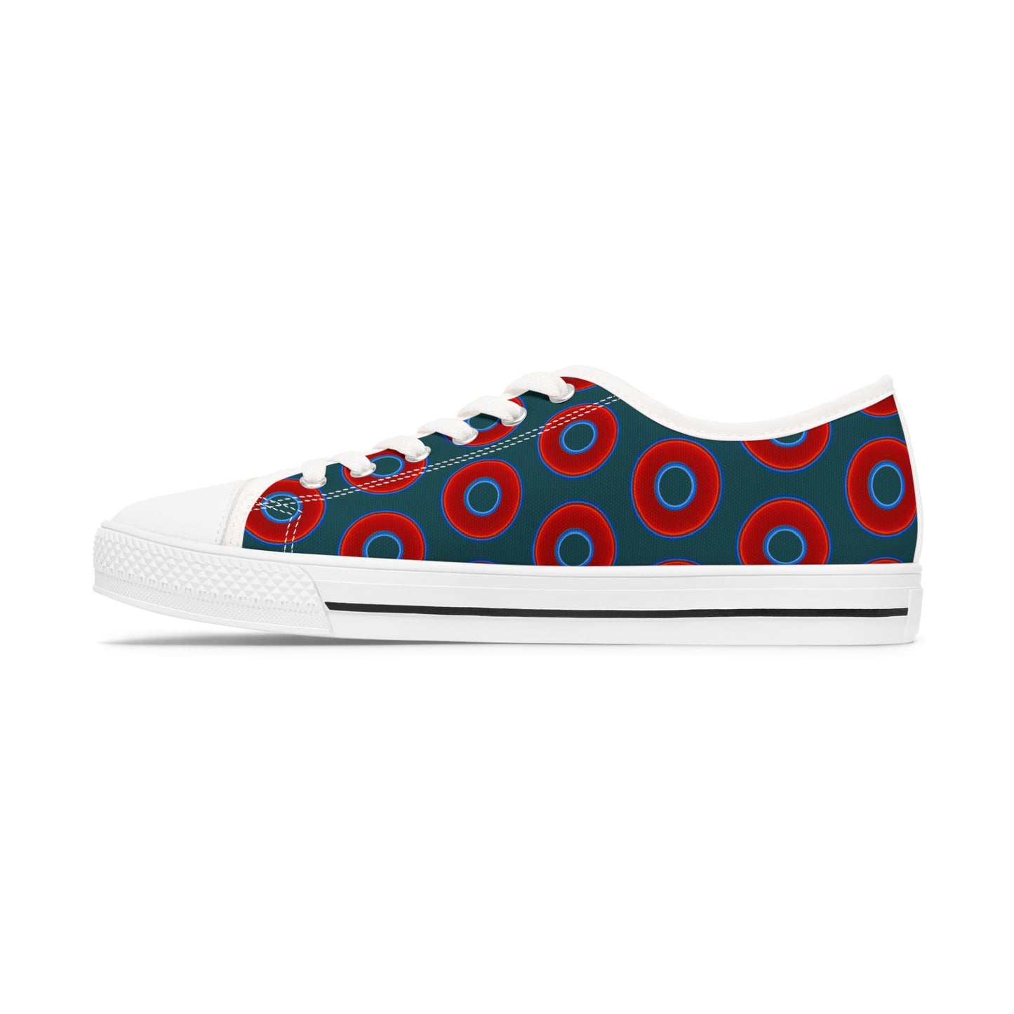 Women's - Low Top Chuck Taylors - large vivid red donut print w/midnight teal green background