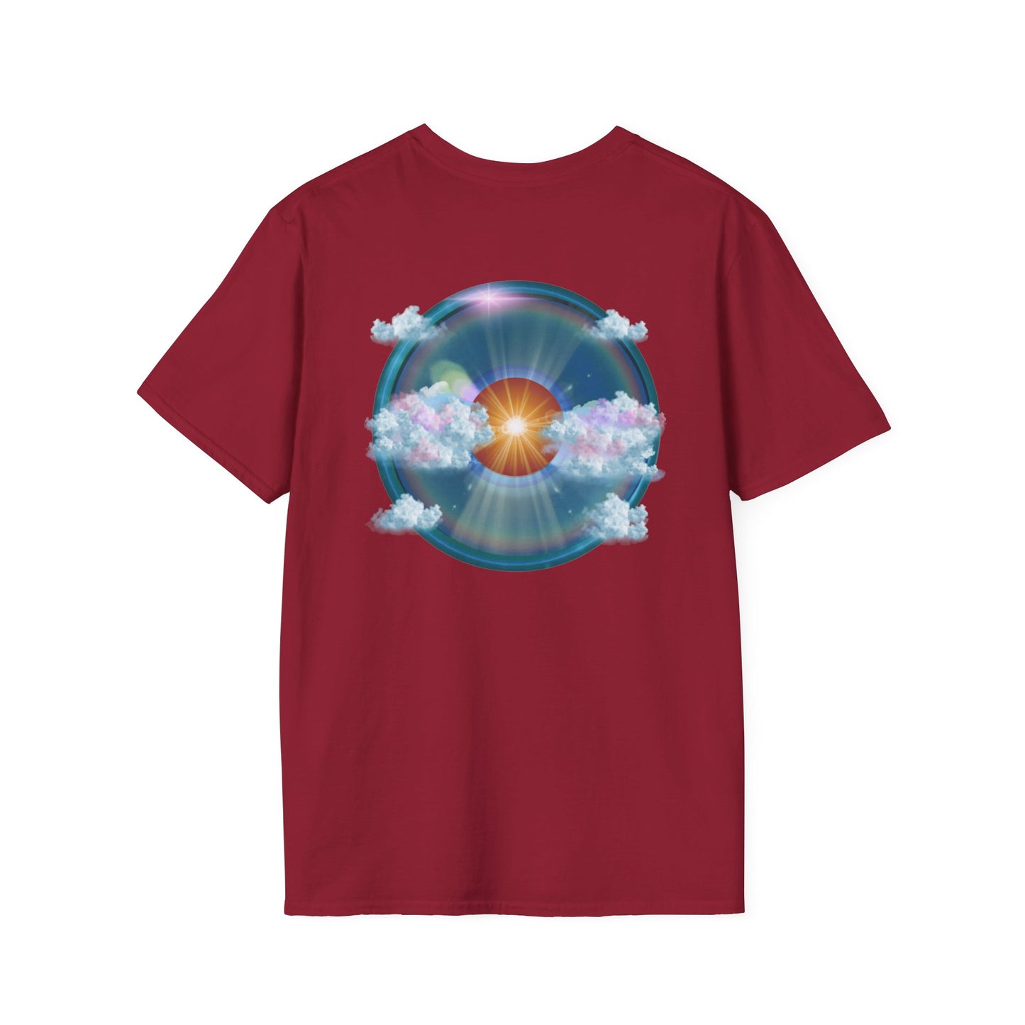 Classic Donut Tee - Unisex Soft-Style - "The Divided Donut" - variant 2 - blue donut  w/hole & sun [*50% to The Divided Sky Foundation]