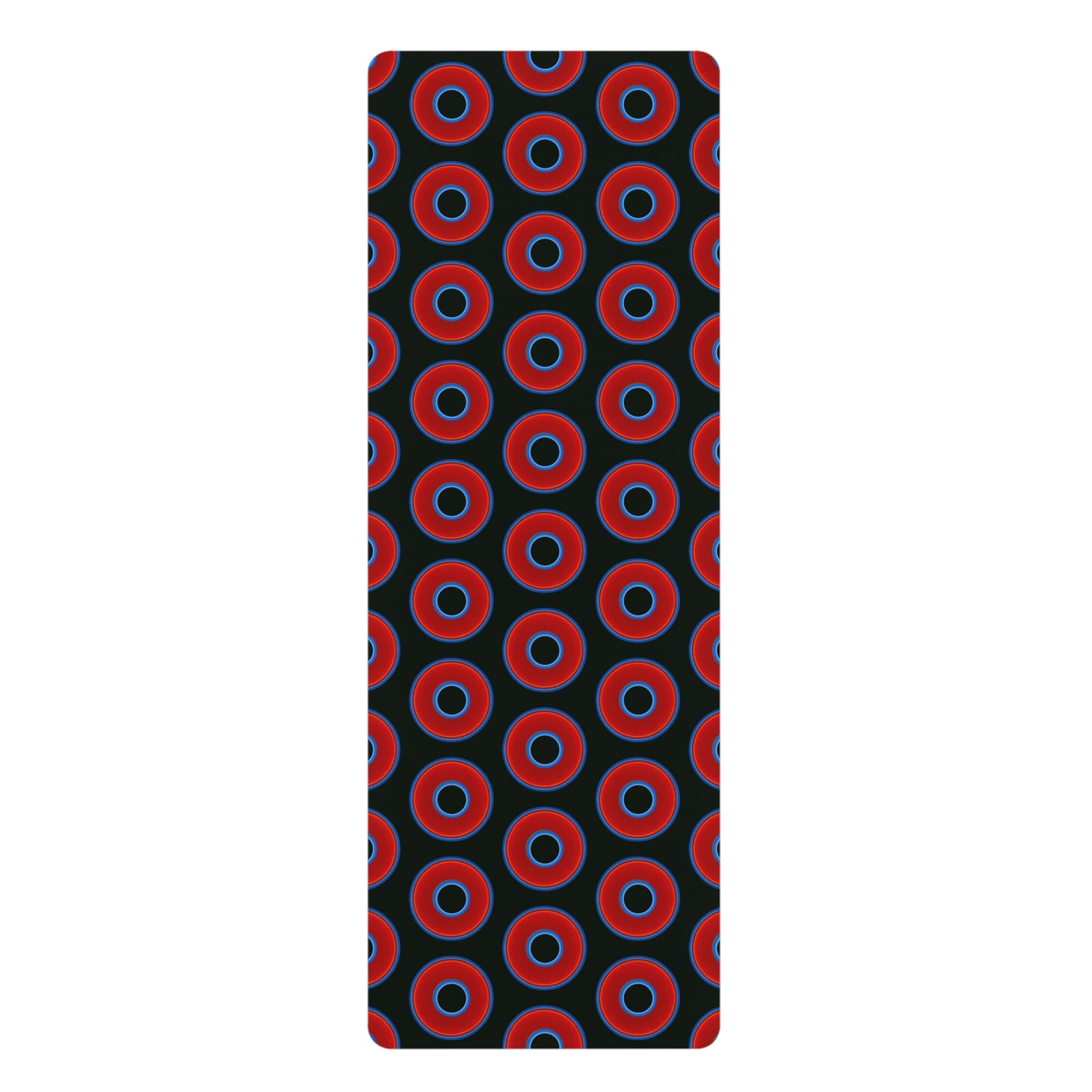 Lumpy Donut Yoga Mat :) - 24″ x 70" - vivid red donut print w/midnight moss green background