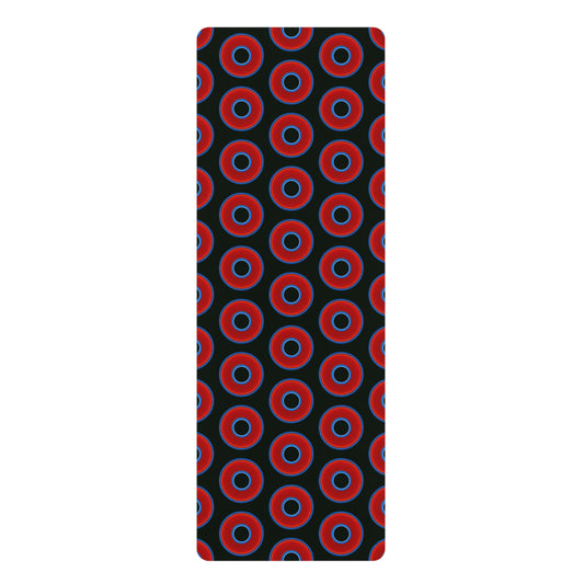 Lumpy Donut Yoga Mat :) - 24″ x 70" - vivid red donut print w/midnight moss green background