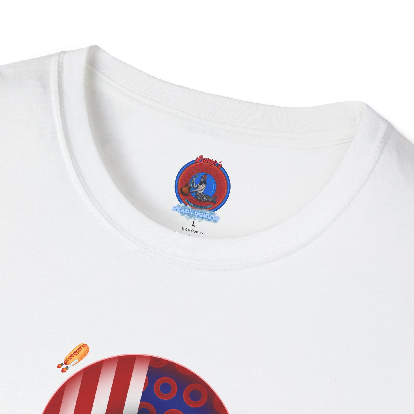 Classic Donut Tee - Unisex Soft-Style - "Uncle Sam's Donuts & Stripes" - vivid flag donut w/raw dogger