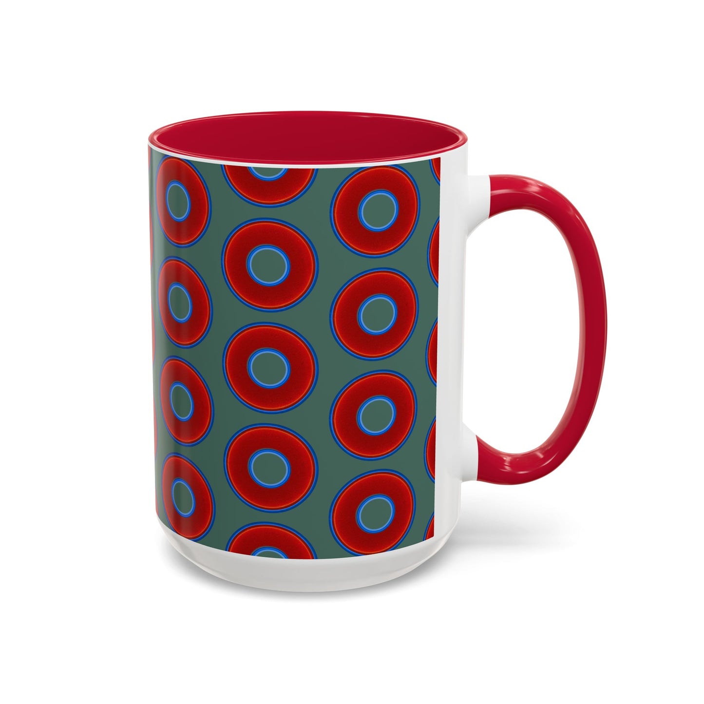 Lump's Grumpy Coffee Mug - vivid red donuts w/Fenway green background