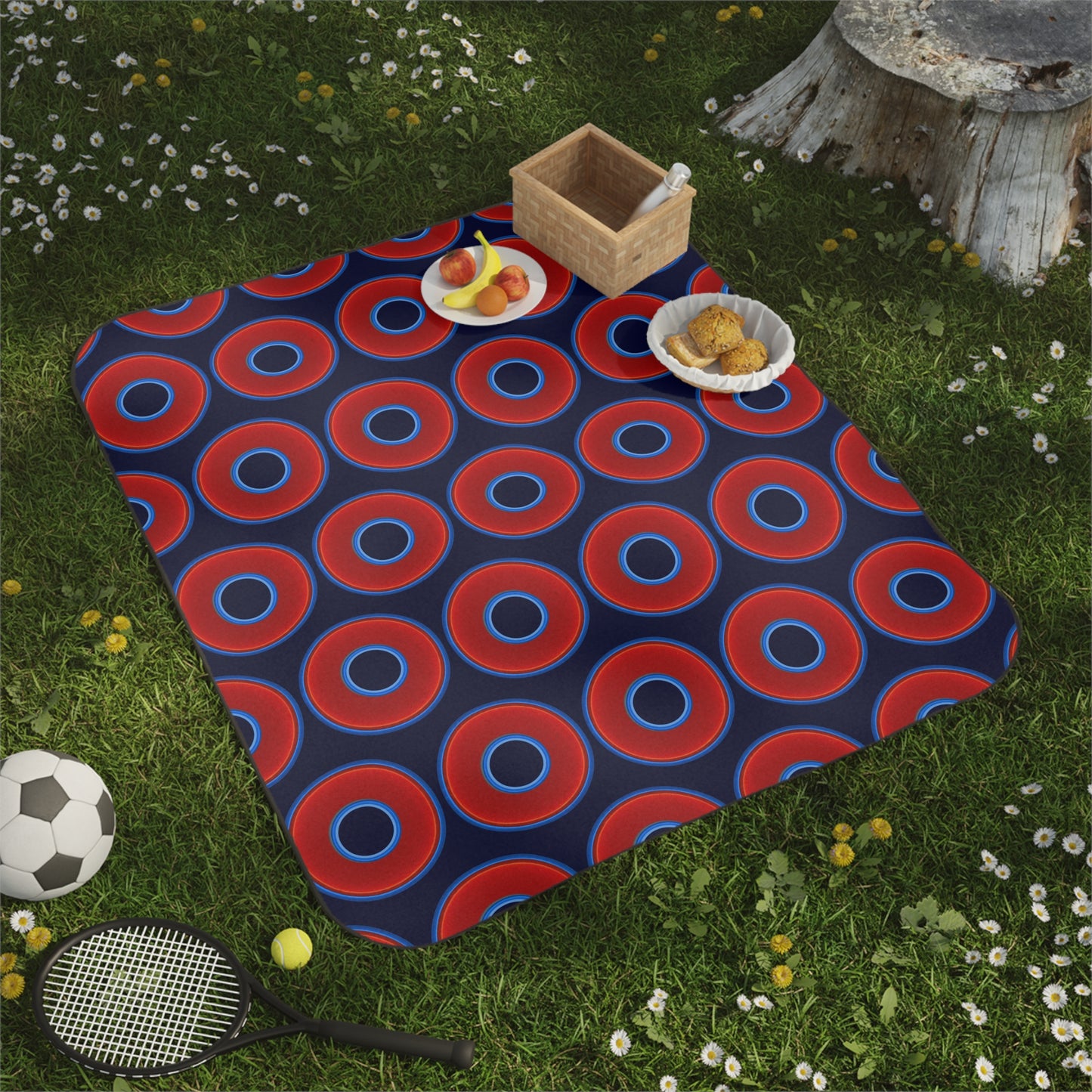 The Lumpy Party Blanket - giant water-resistant outdoor blanket [61" x 51"] - vivid red donuts w/dark navy blue background