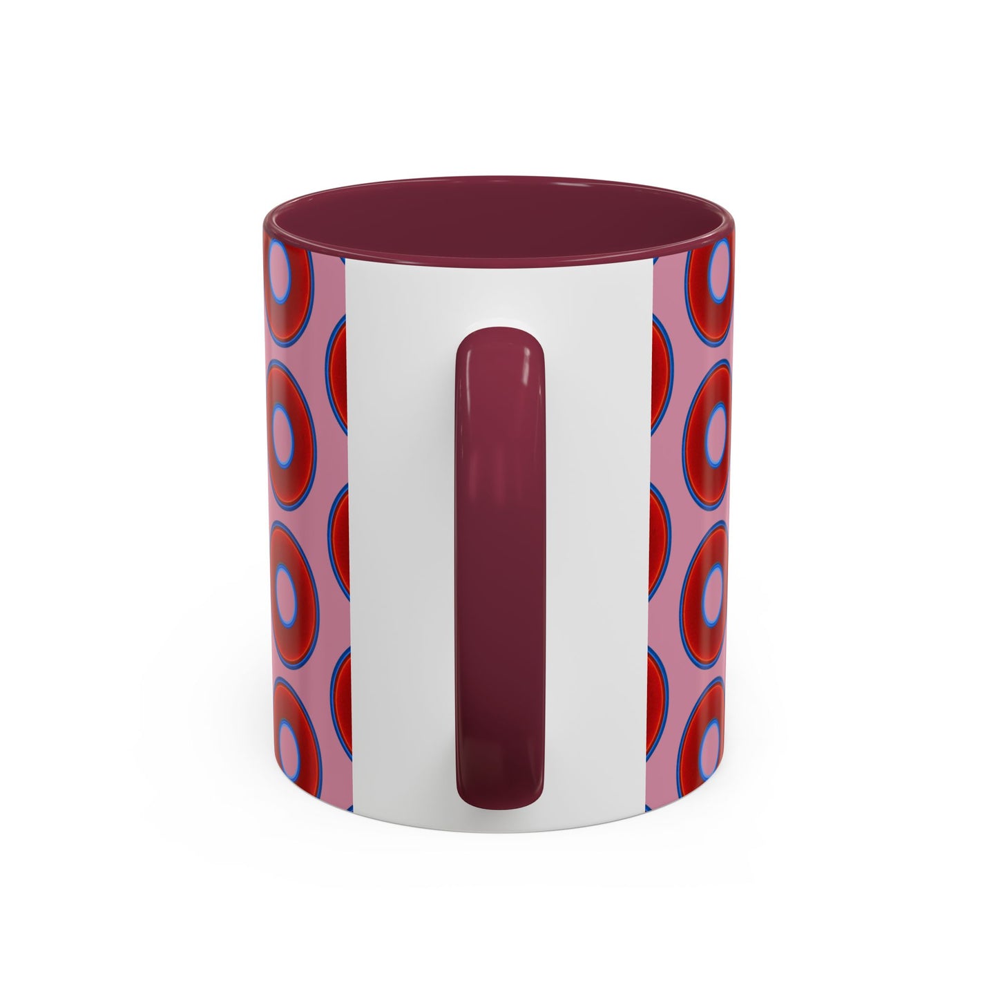 Lump's Grumpy Coffee Mug - vivid red donuts w/pink background