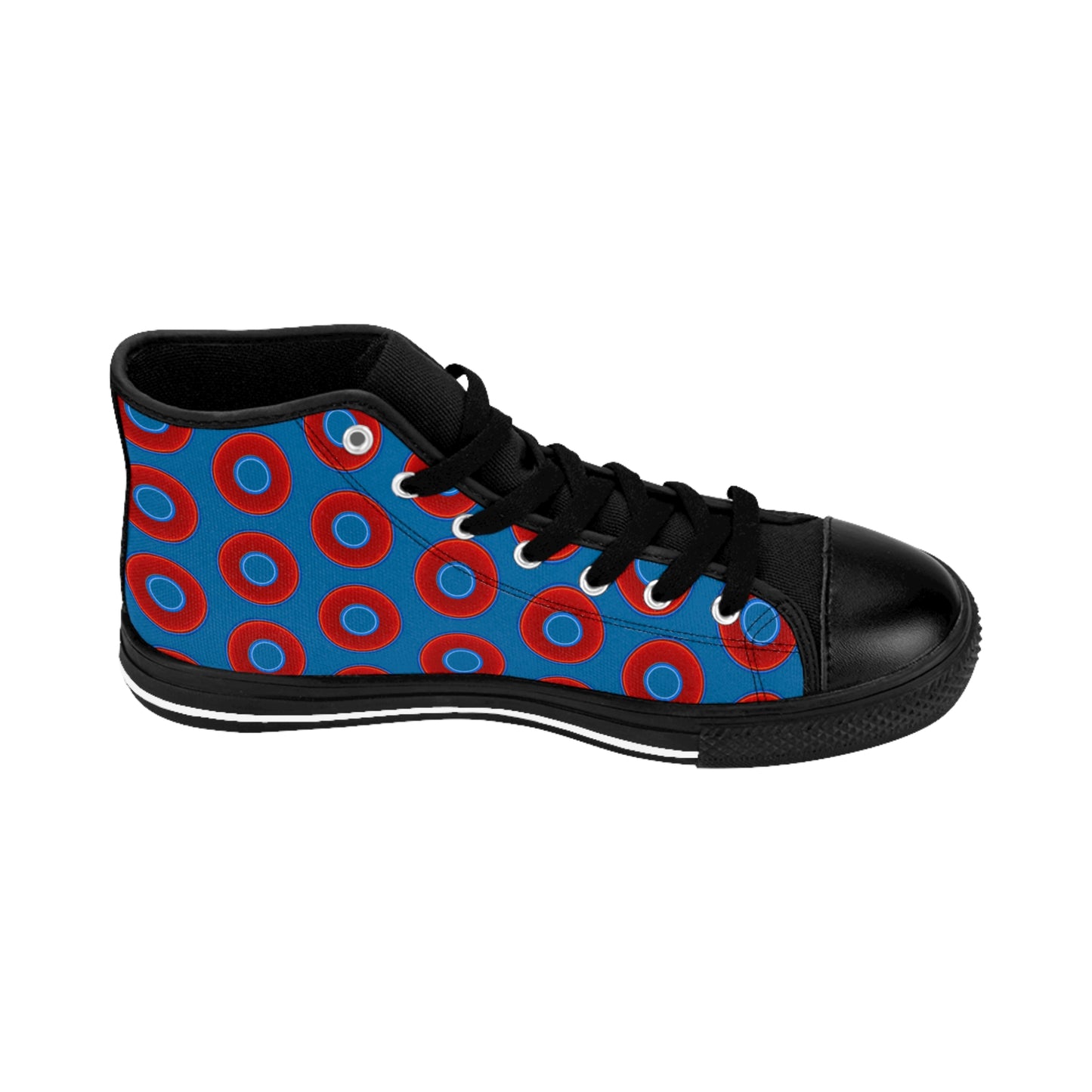 Cushiony Convectors - High Tops - red vivid donuts w/wavy navy background