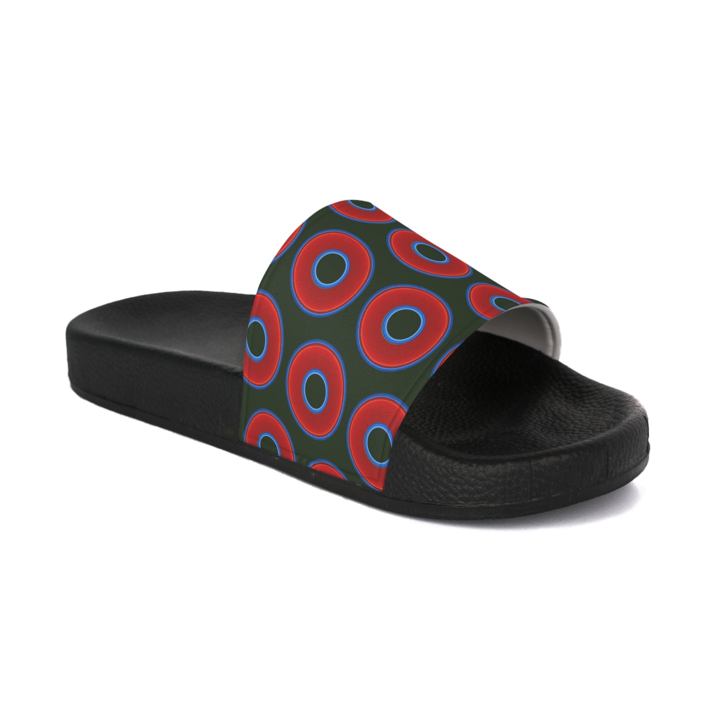 Men's Lumpy Sandals - slip-ons - red vivid donuts w/deep forest green background