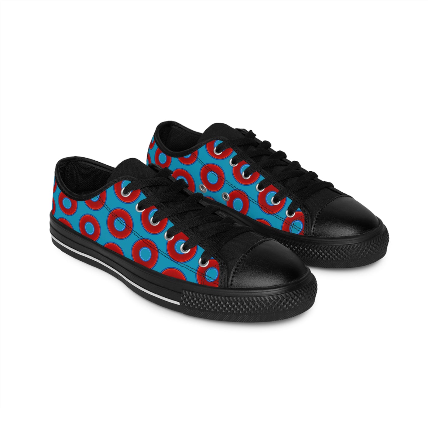 Women's Cushiony Convectors - Low Top - large red vivid donut print w/aquamarine blue background