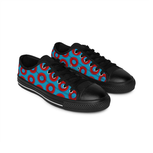 Women's Cushiony Convectors - Low Top - large red vivid donut print w/aquamarine blue background
