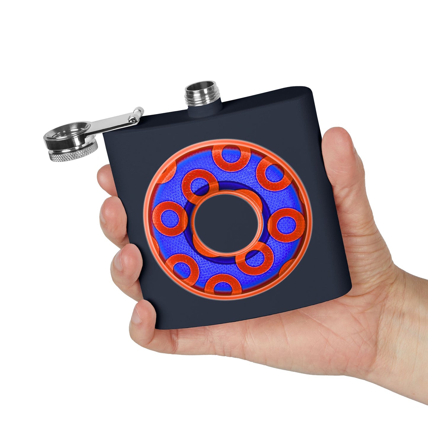Lump's Donut Flask 6 oz -  Red/Blue Rustic Paradox Donut - [*w/your choice of 5 backgrounds]