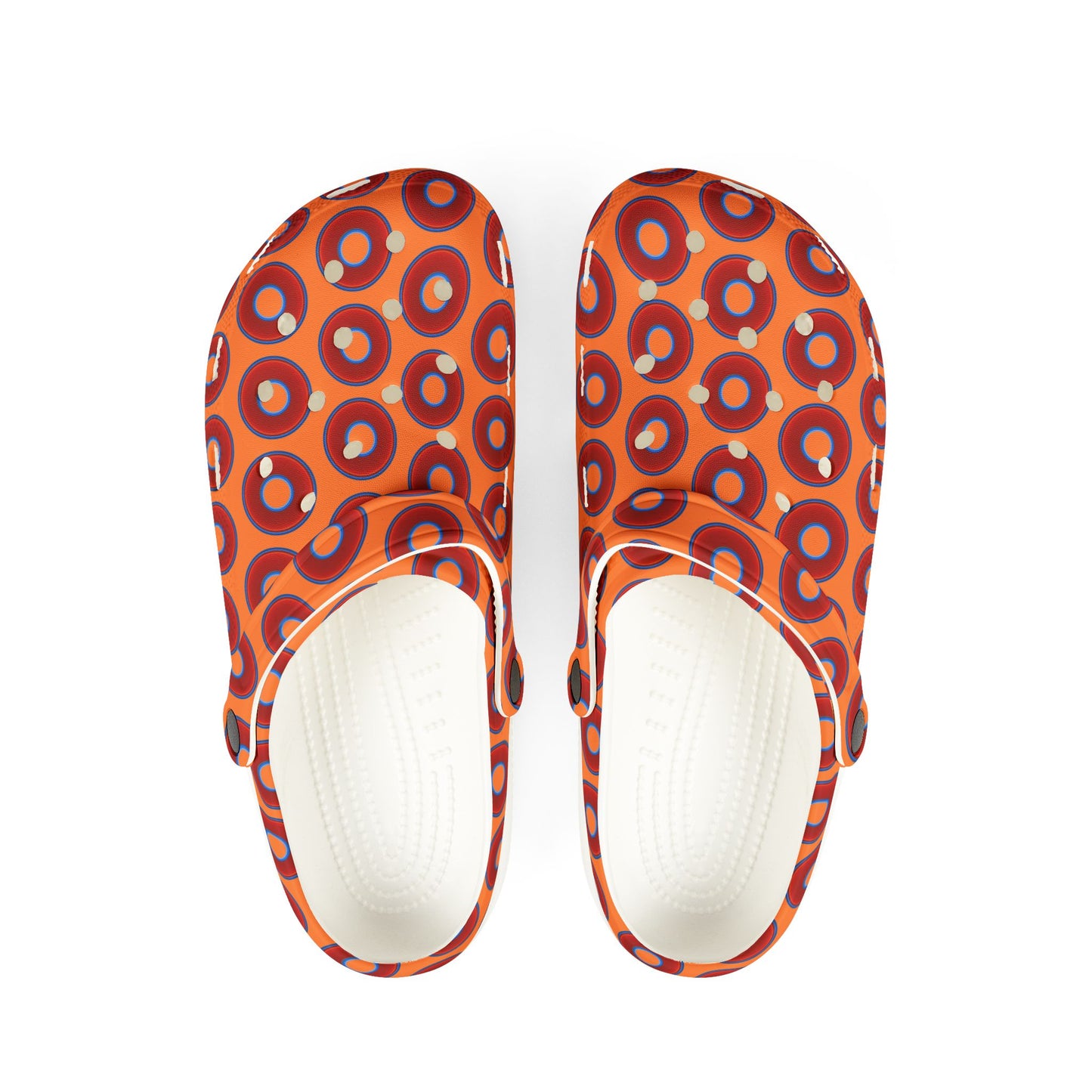 Spatchcocks - donut slip-on shoes - vivid red donuts w/dark orange background [unisex]
