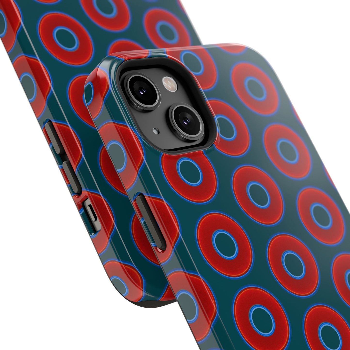 Impact-Resistant Lumpy Donut Case - red vivid donut print w/midnight green background