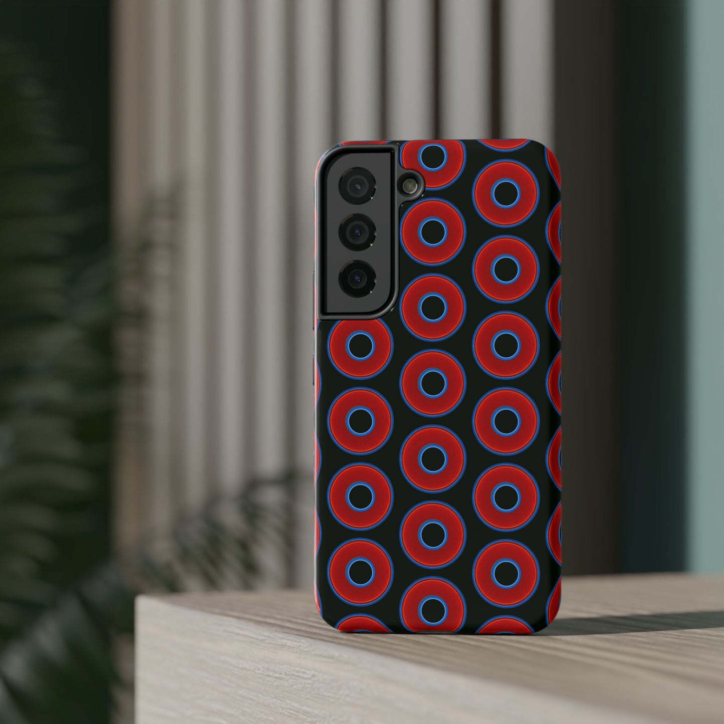 Impact-Resistant Lumpy Donut Case - red vivid donut print w/midnight moss background