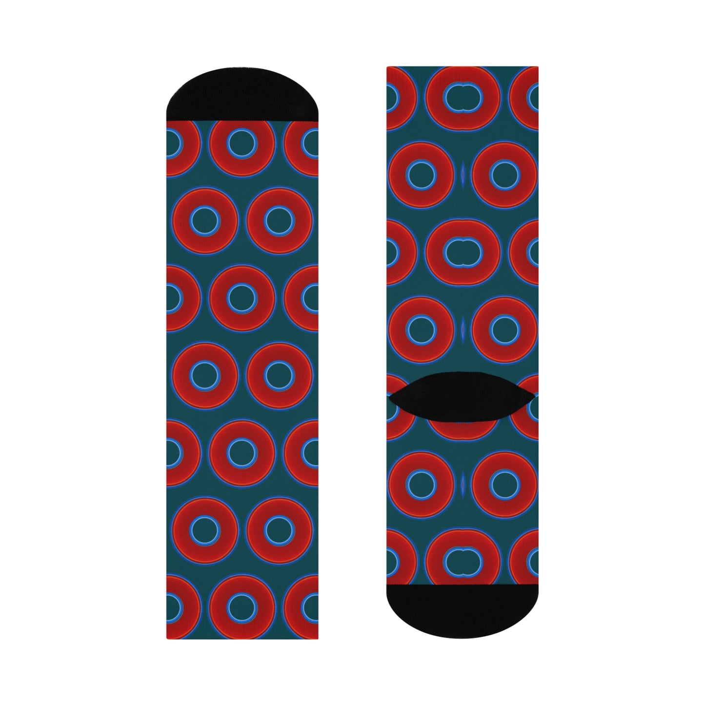 Lumpy Sox - cushioned crew - vivid red donut print w/midnight teal green background