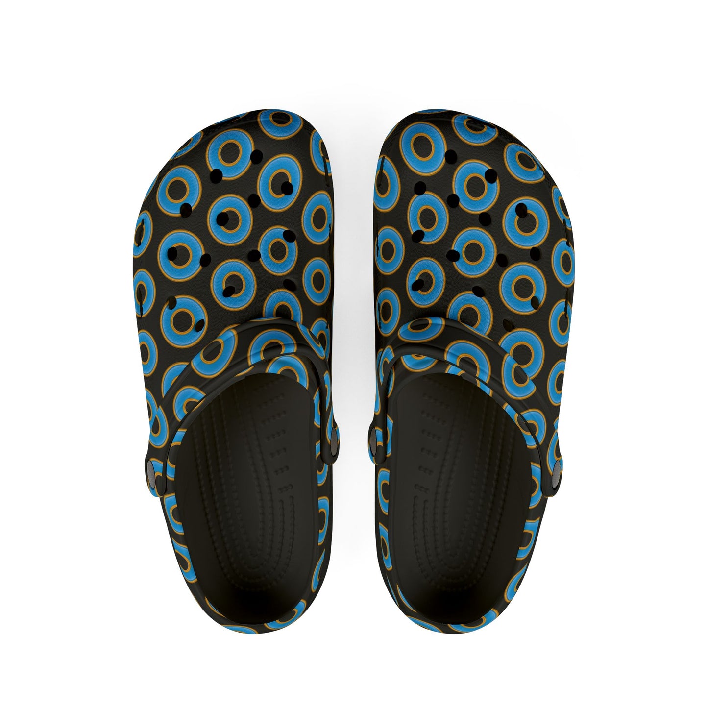 Spatchcocks - donut slip-on shoes - light blue rustic donuts w/black background [unisex]