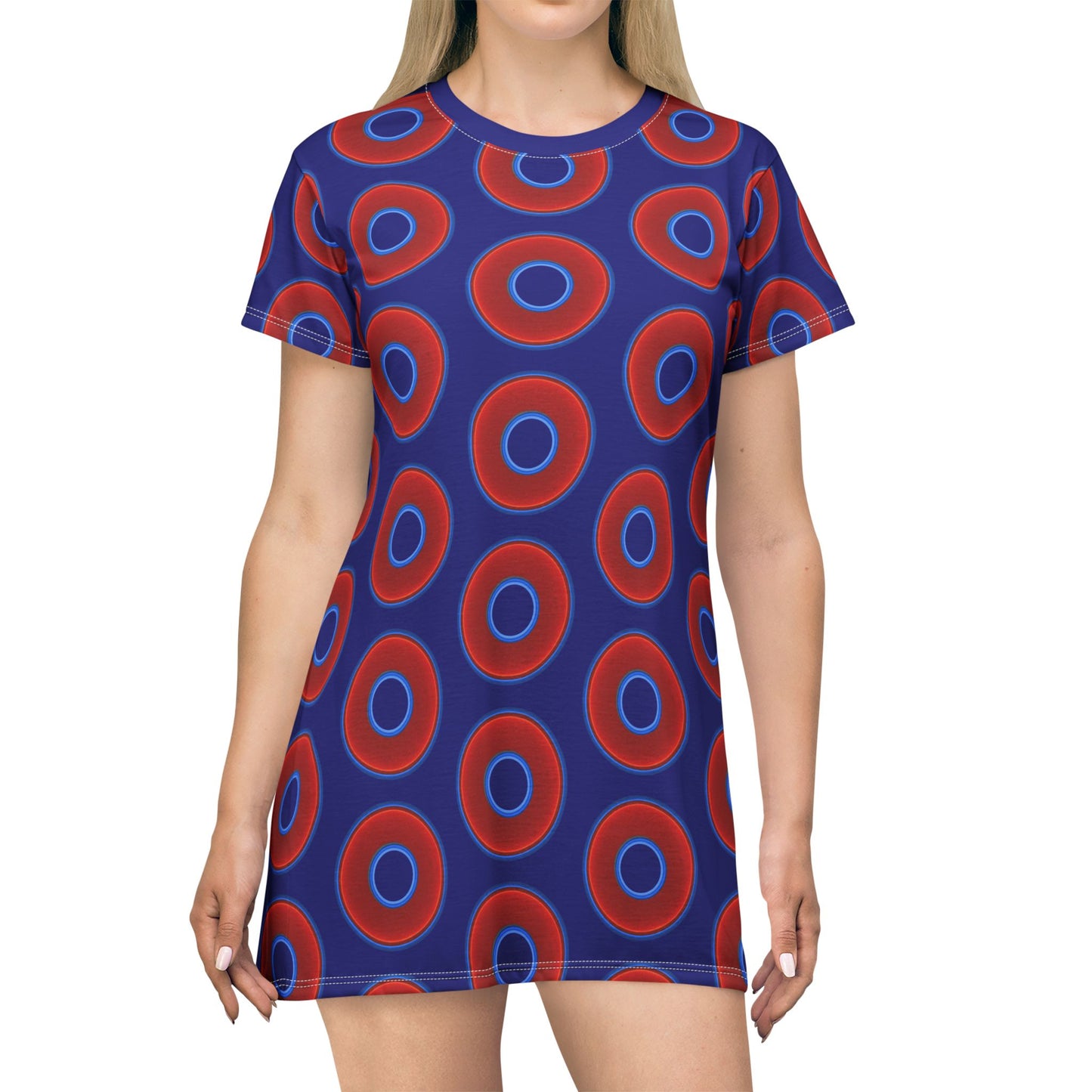 Not a Muumuu AOP Tee Shirt Dress - red vivid donuts w/vivid navy blue background