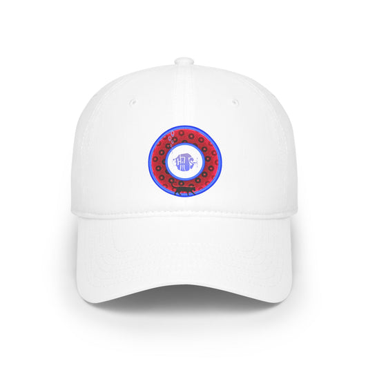 Lumpy Donut Baseball Cap - "My Pet Cat's Donut Cap" - paradoxical red/blue wide mouth donut w/ - variant 3