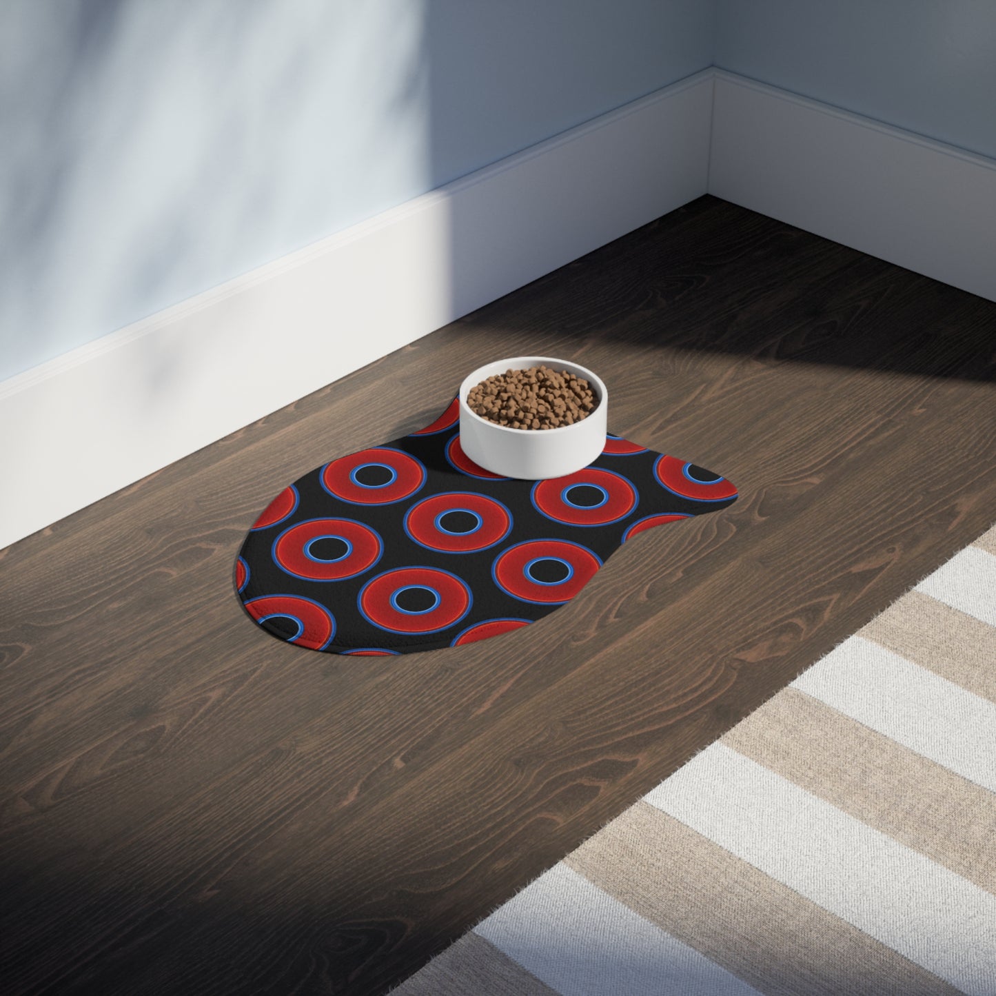 Wendy's Lumpy Pet Feed Mat - vivid red donuts w/black background