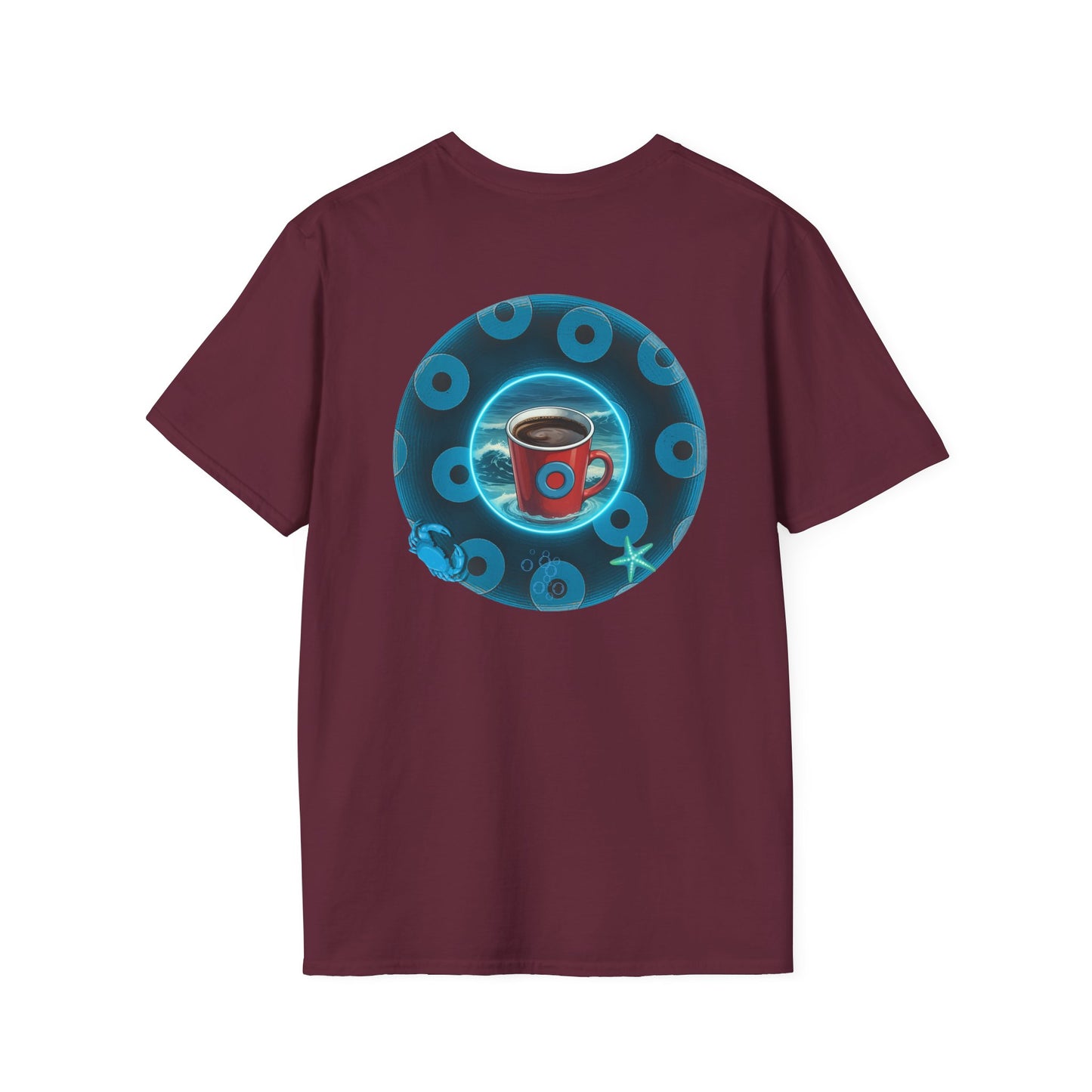 Lumpy Coffee Traders Tee - Unisex Soft-Style - "Good to Last Leaky Drop" - paradoxical ocean donut - variant 1 - logo front/coffee back