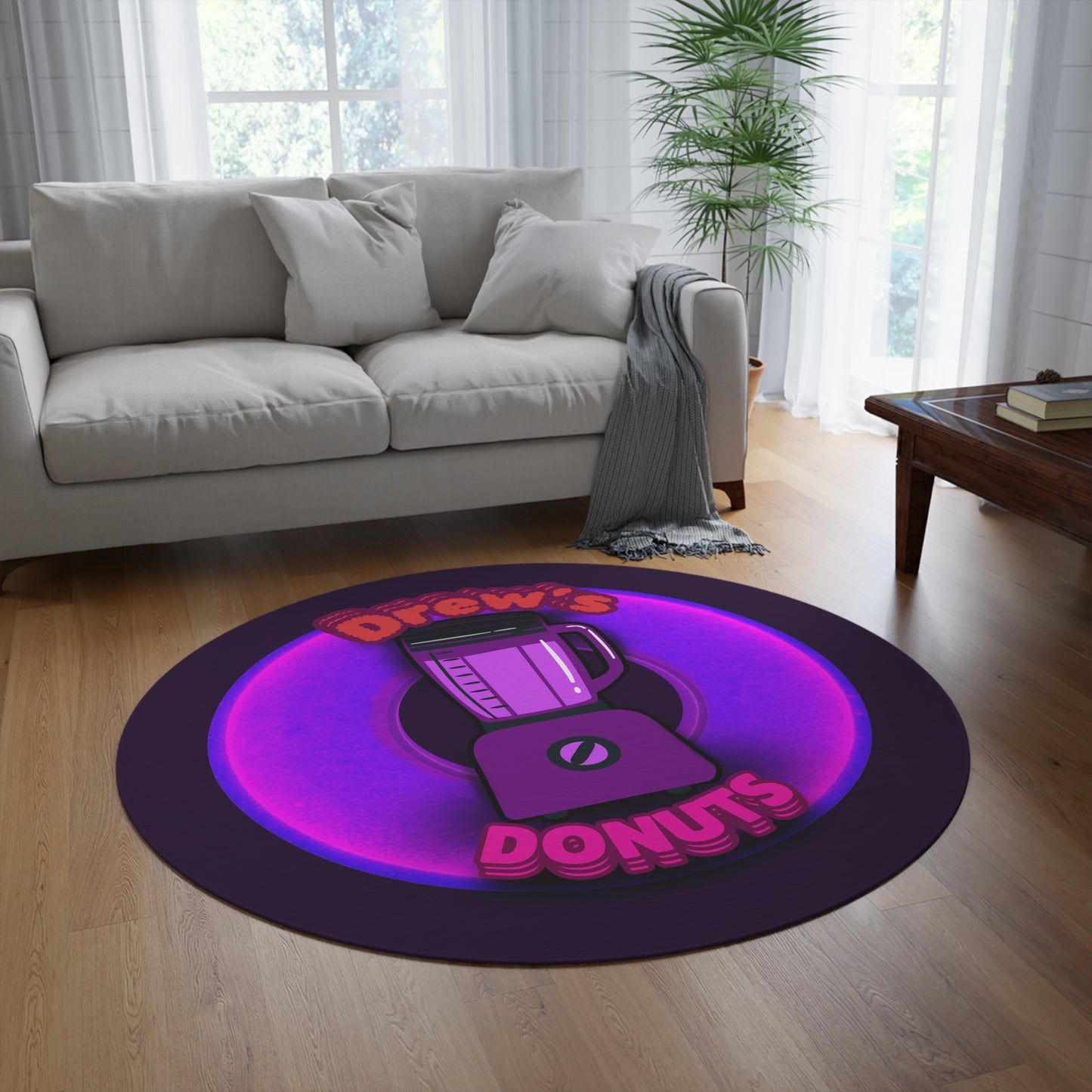 Round Room - 5 ft x 5 ft Lumpy Donut Rug - "Drew's Donuts" - vivid magenta donut w/midnight purple background [*Charitable Donut]
