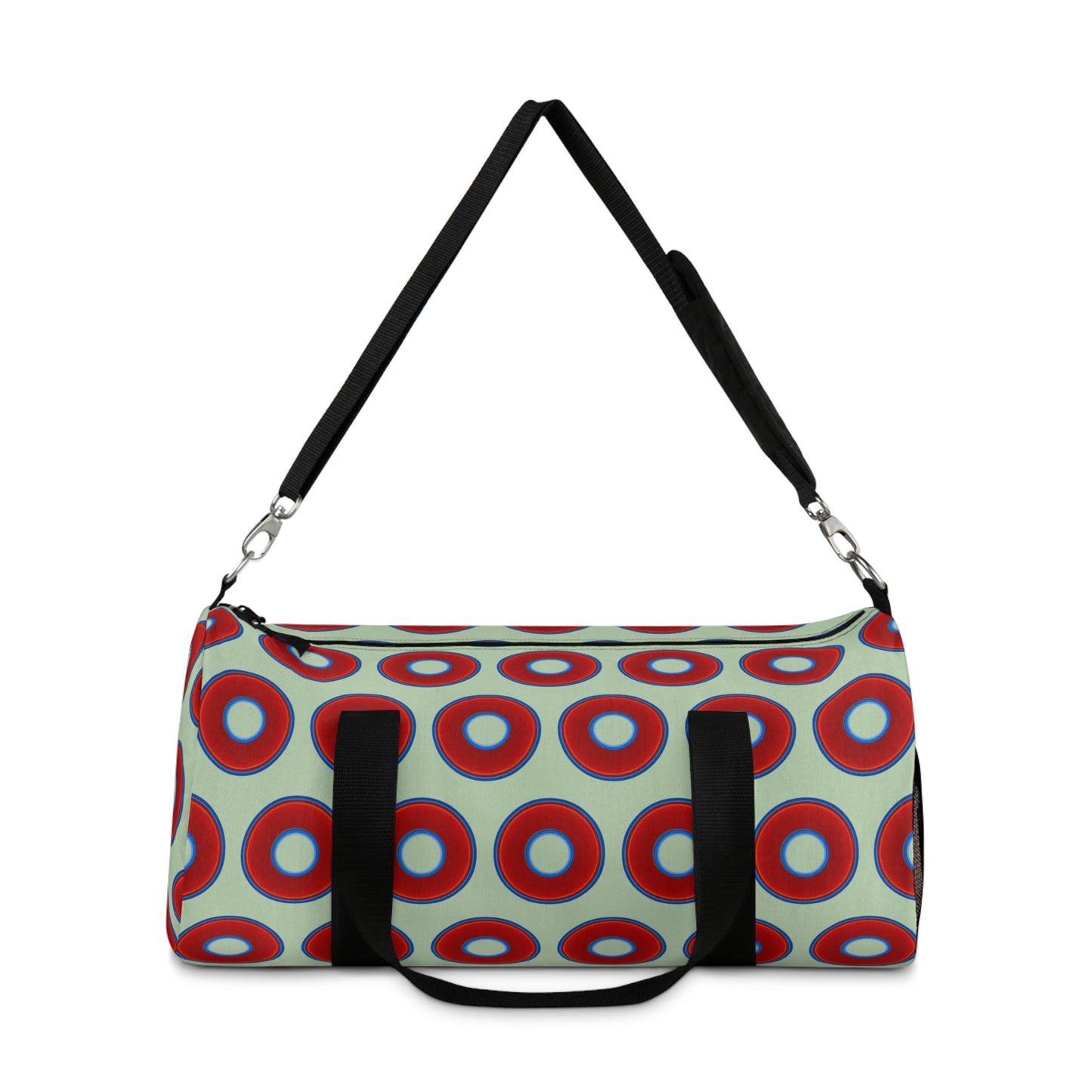 Lumpy Duffel - vivid red donuts w/seafoam background