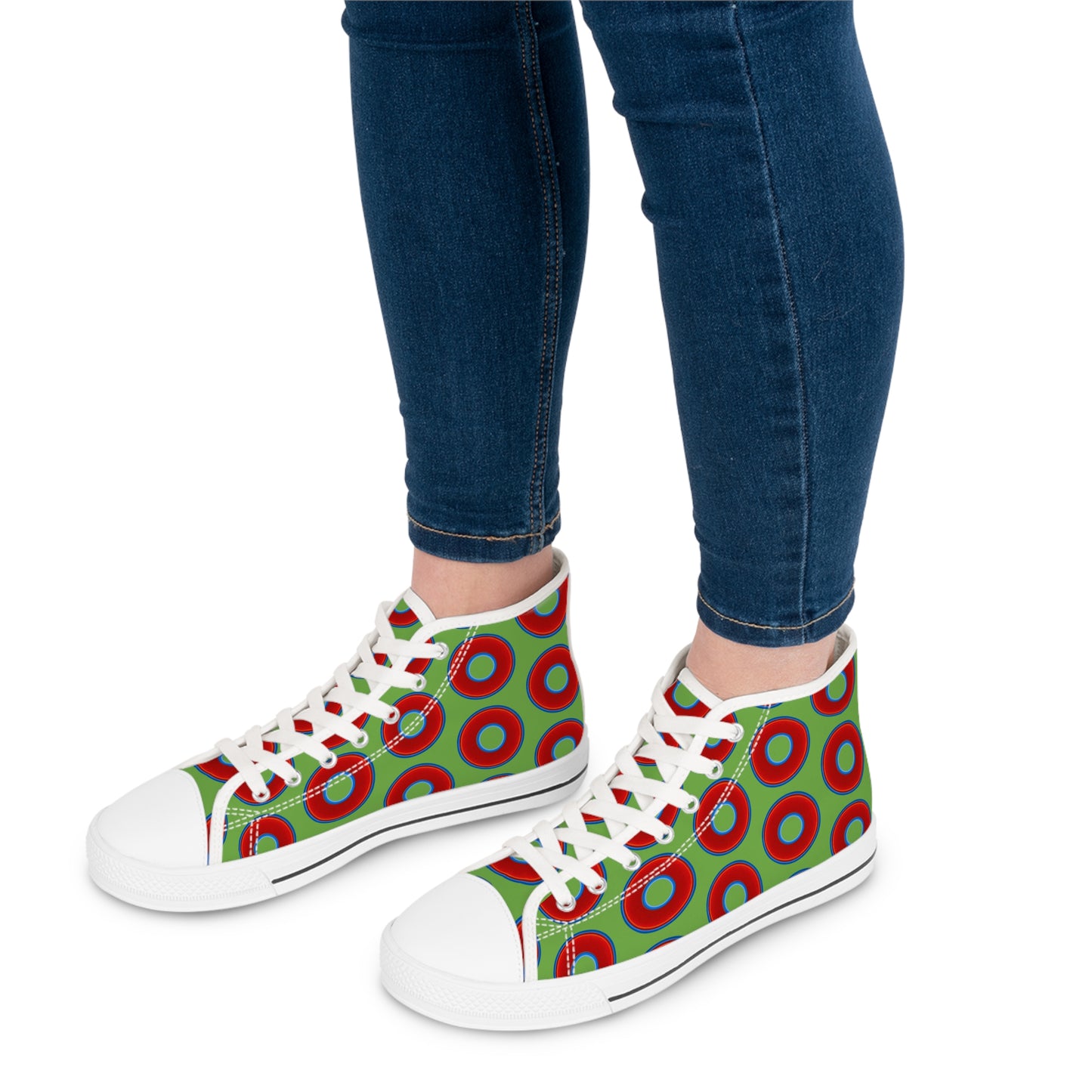 Women's High Top Chuck Taylors - large vivid red donut print w/light green background