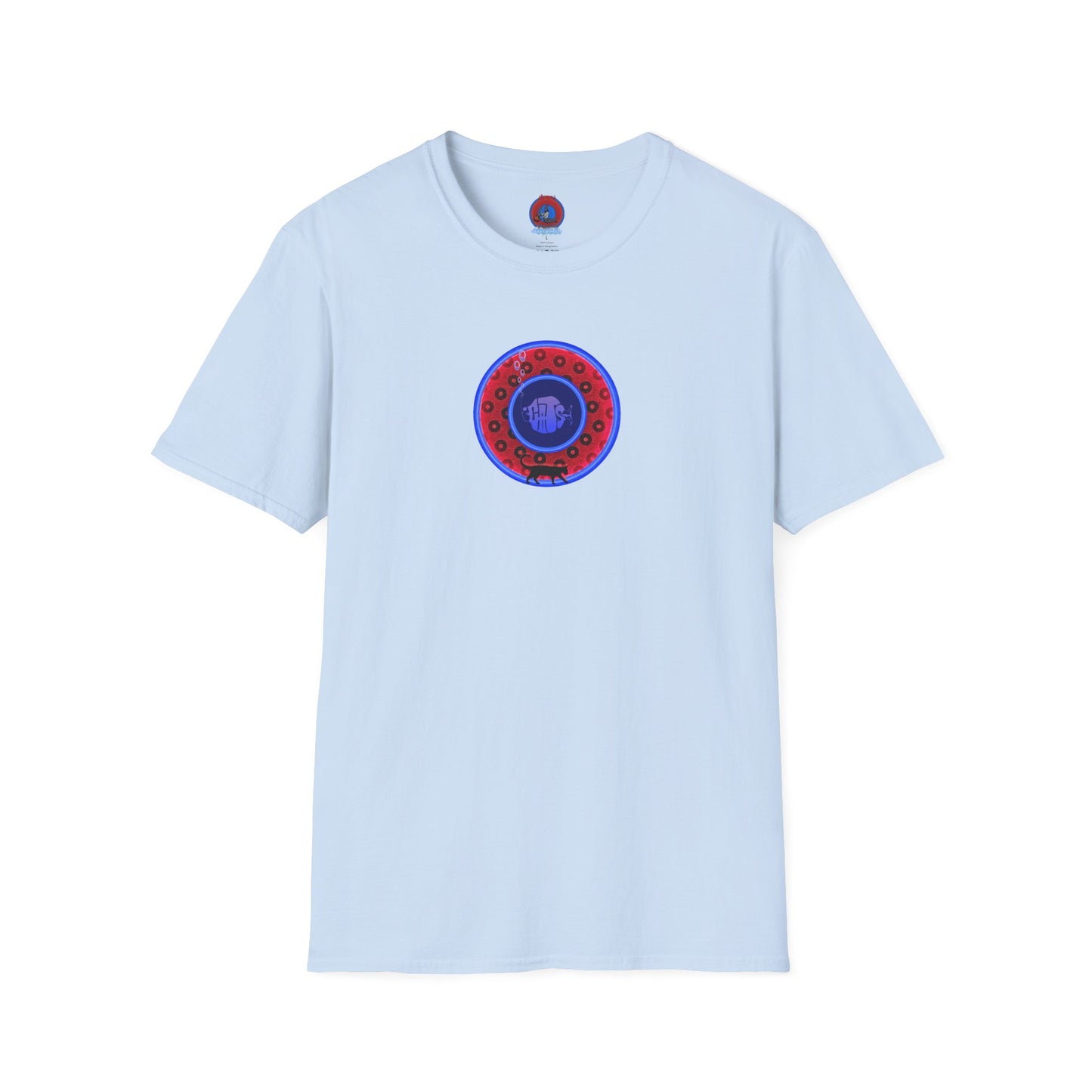 Classic Donut Tee - Unisex Soft-Style - "The Cat's Meow Donut' - red/blue paradox widemouthed donut