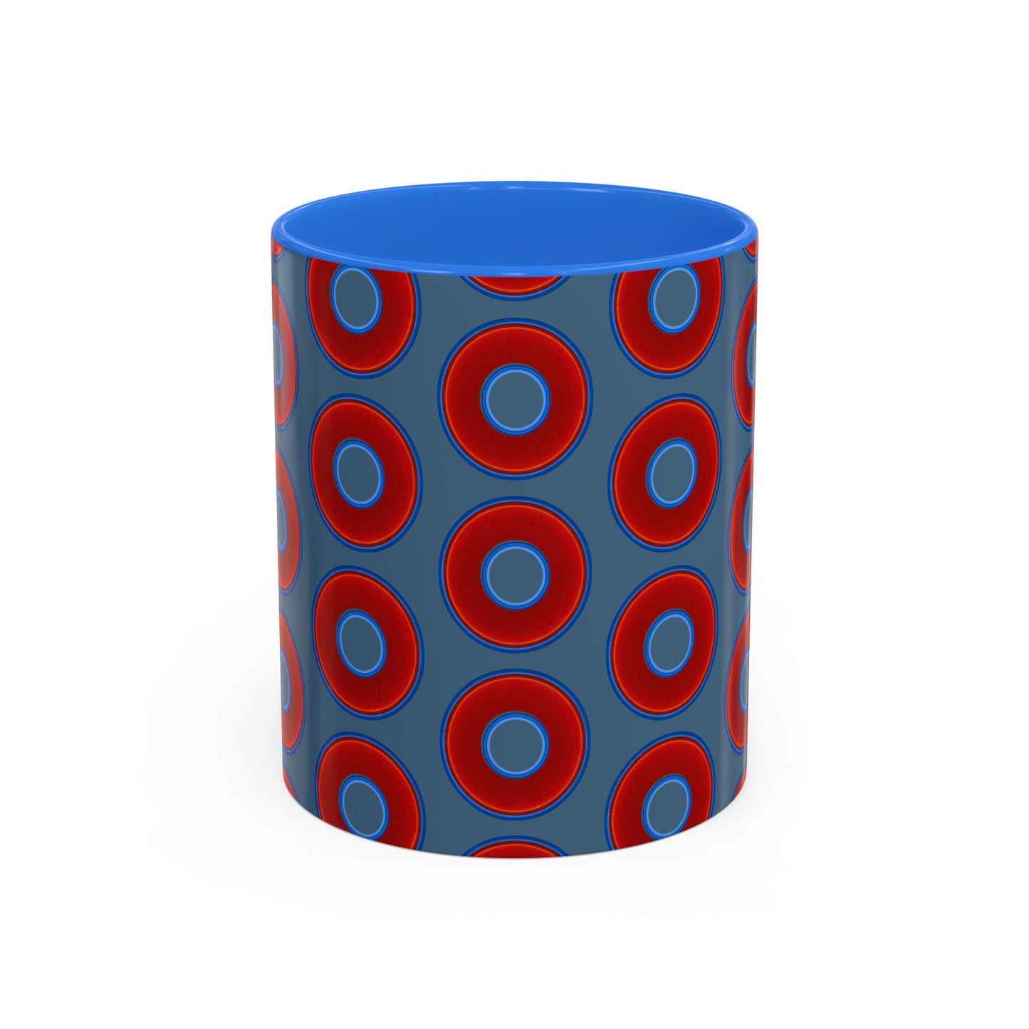 Lump's Grumpy Coffee Mug - vivid red donuts w/steel blue background