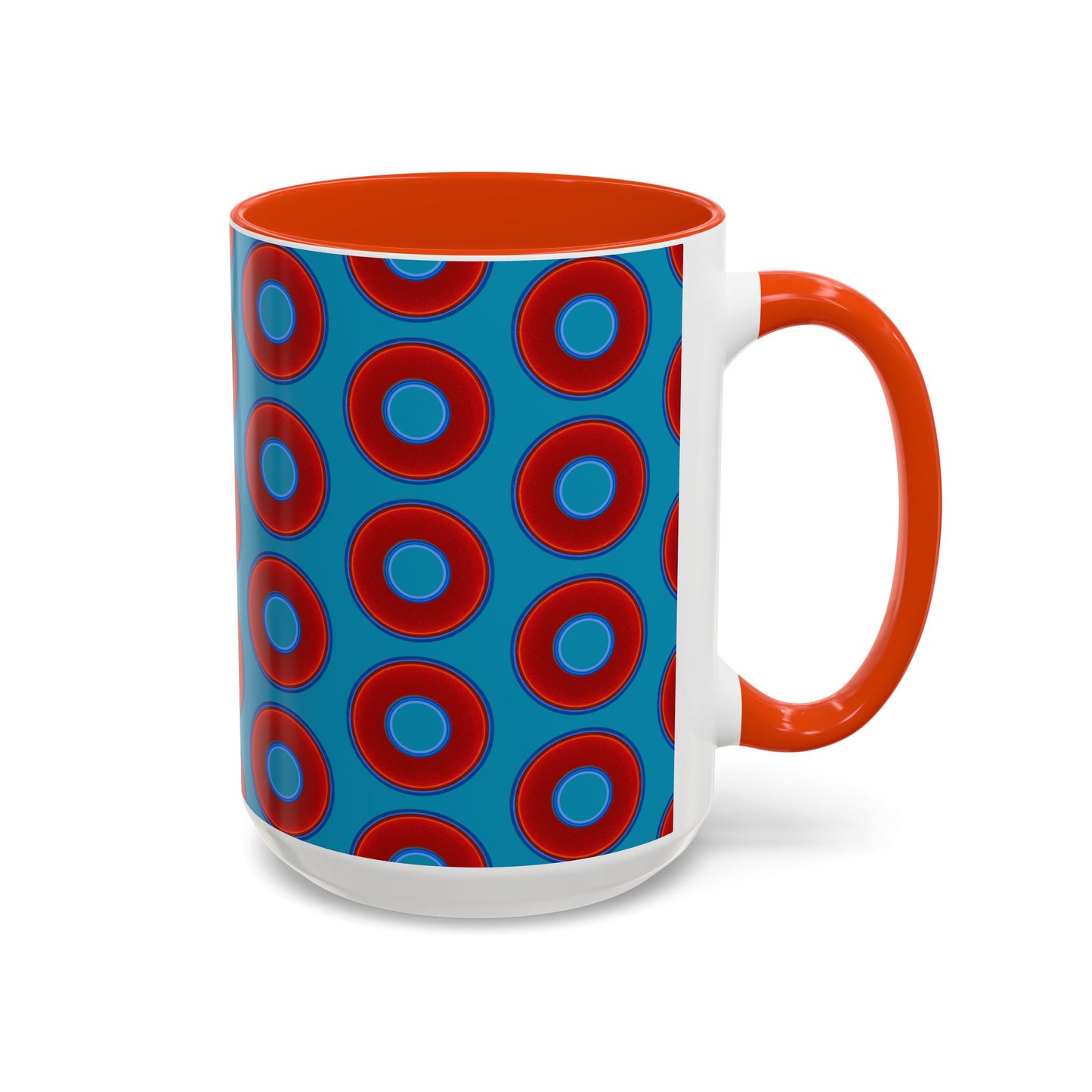 Lump's Grumpy Coffee Mug - vivid red donuts w/aquamarine blue background