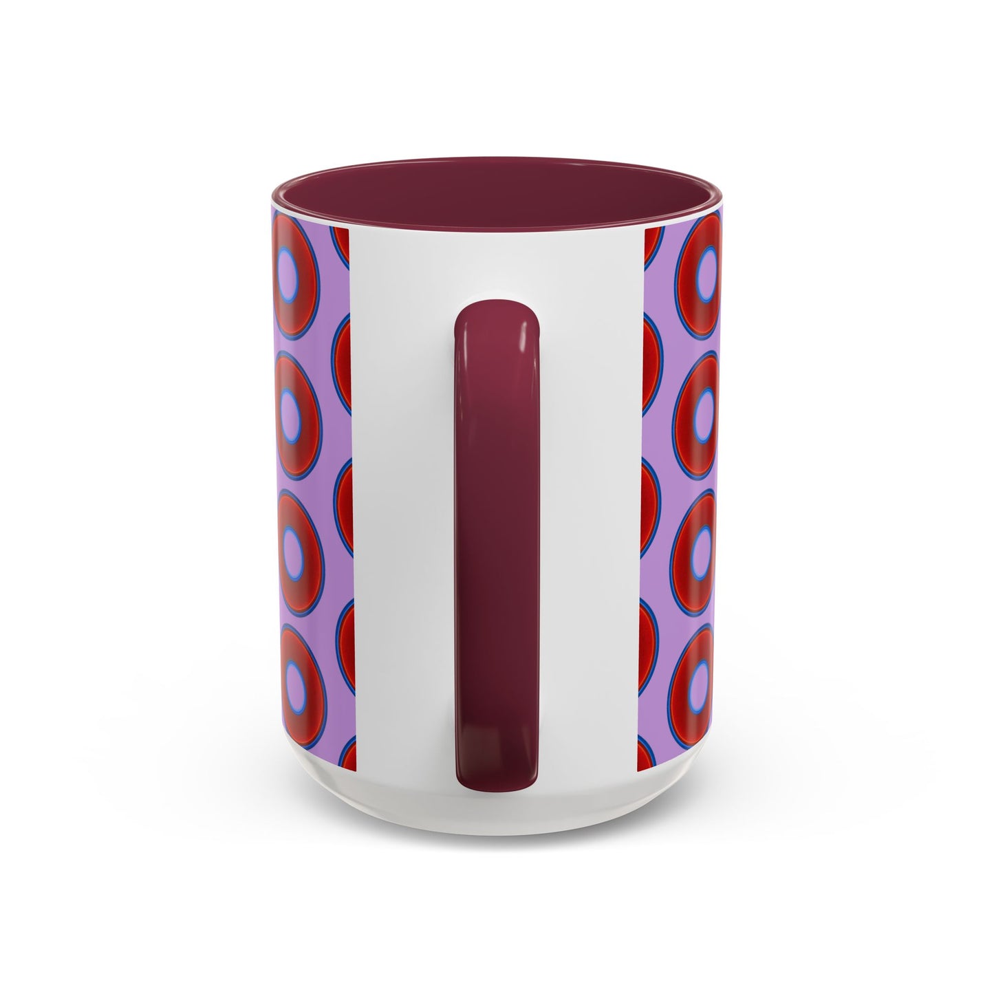 Lump's Grumpy Coffee Mug - vivid red donuts w/wisteria purple background