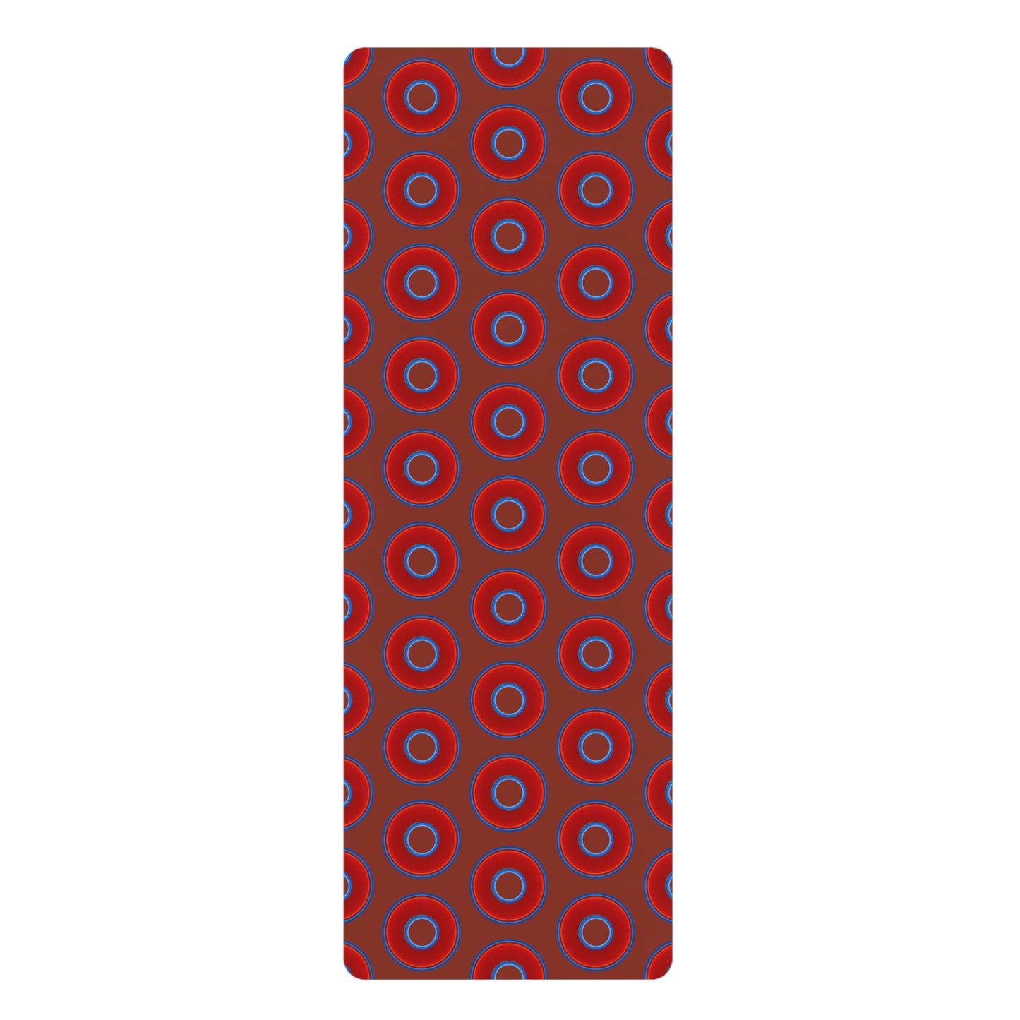 Lumpy Donut Yoga Mat :) - 24″ x 70" - vivid red donut print w/burnt umber background