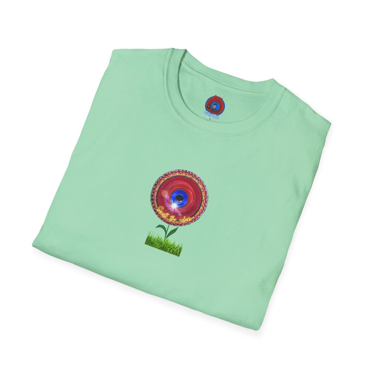 Classic Donut Tee - Unisex Soft-Style - "Smell the Donuts Outside on my Lawn"  " variant 2 - blue donut on red donut/flower