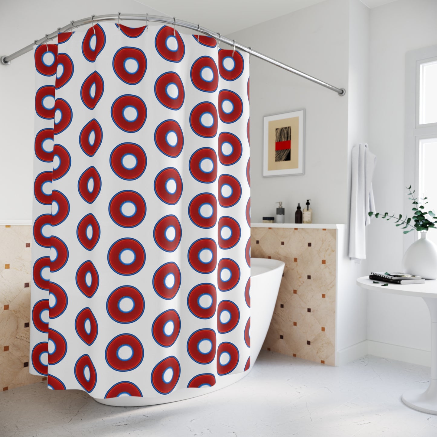 The Curtain With "Donuts" - Lumpy Bath Time Fun - vivid red donuts w/white background