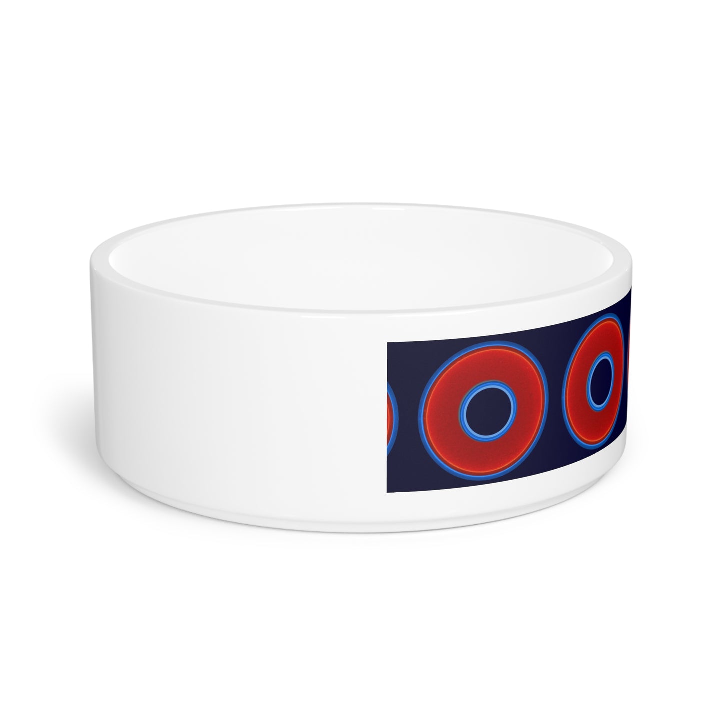16 oz Lumpy Pet Bowl - vivid red donuts w/dark blue background