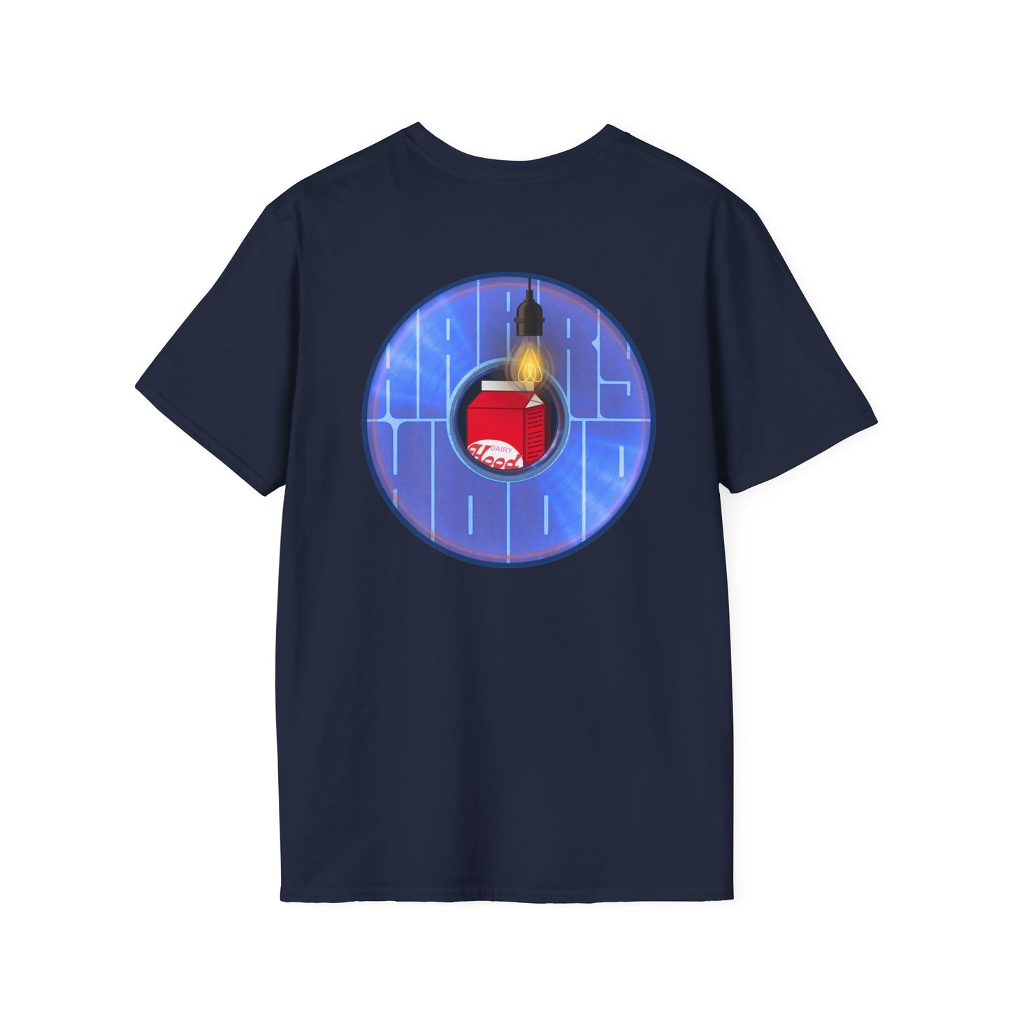 Classic Donut Tee - Unisex Soft-Style - "Harry Left His Donut Shirt" - series 1.0  - variant 4 - purple/blue donut - w/milk & light on