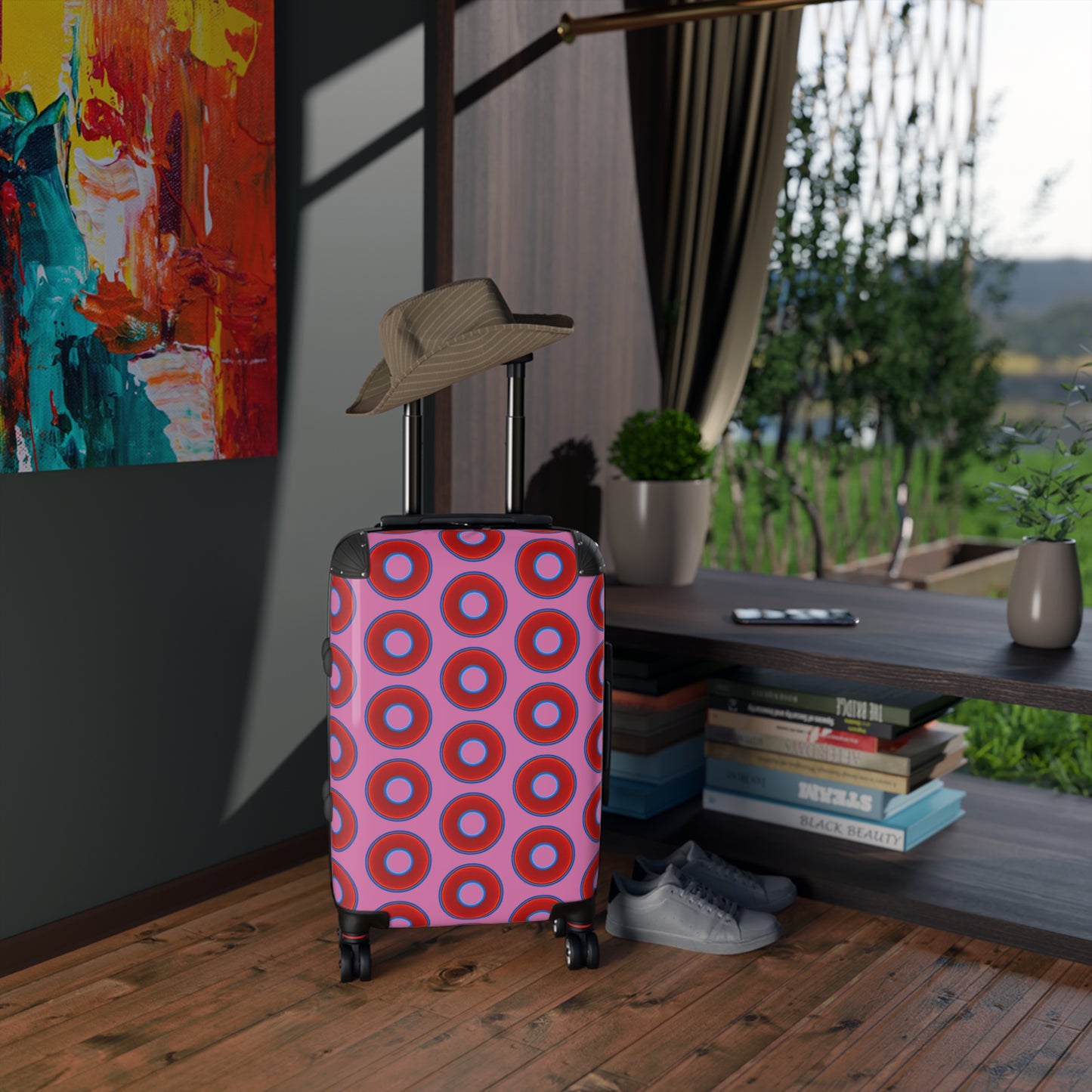 The Very Lumpy Donut Suitcase series - your choice of S, M or L - vivid red donut print w/light pink background