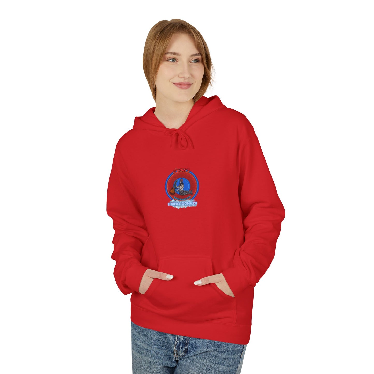 Unisex Fleece Hoodie - [Midweight Soft-style] - "Lump's Heady Logo" - w/rustic red donuts