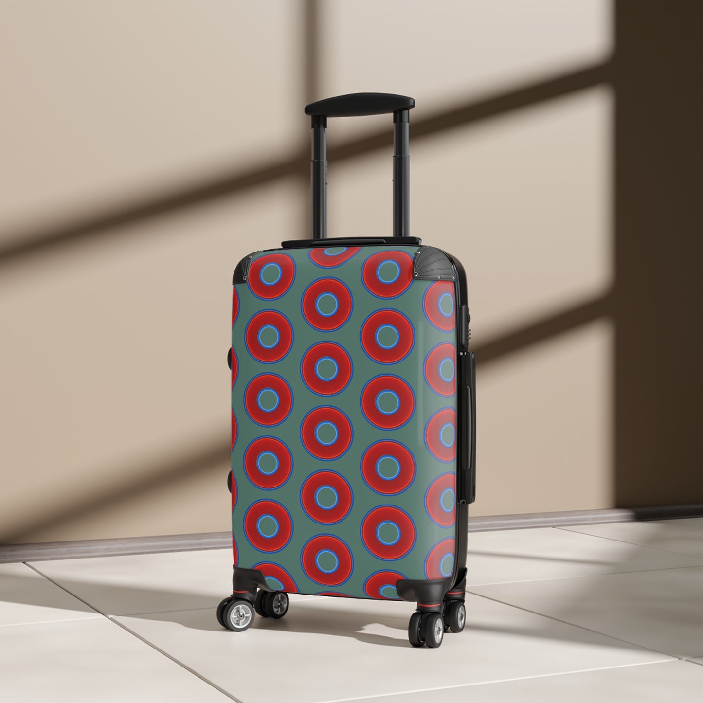 The Very Lumpy Donut Suitcase series - your choice of S, M or L - vivid red donut print w/Fenway green background