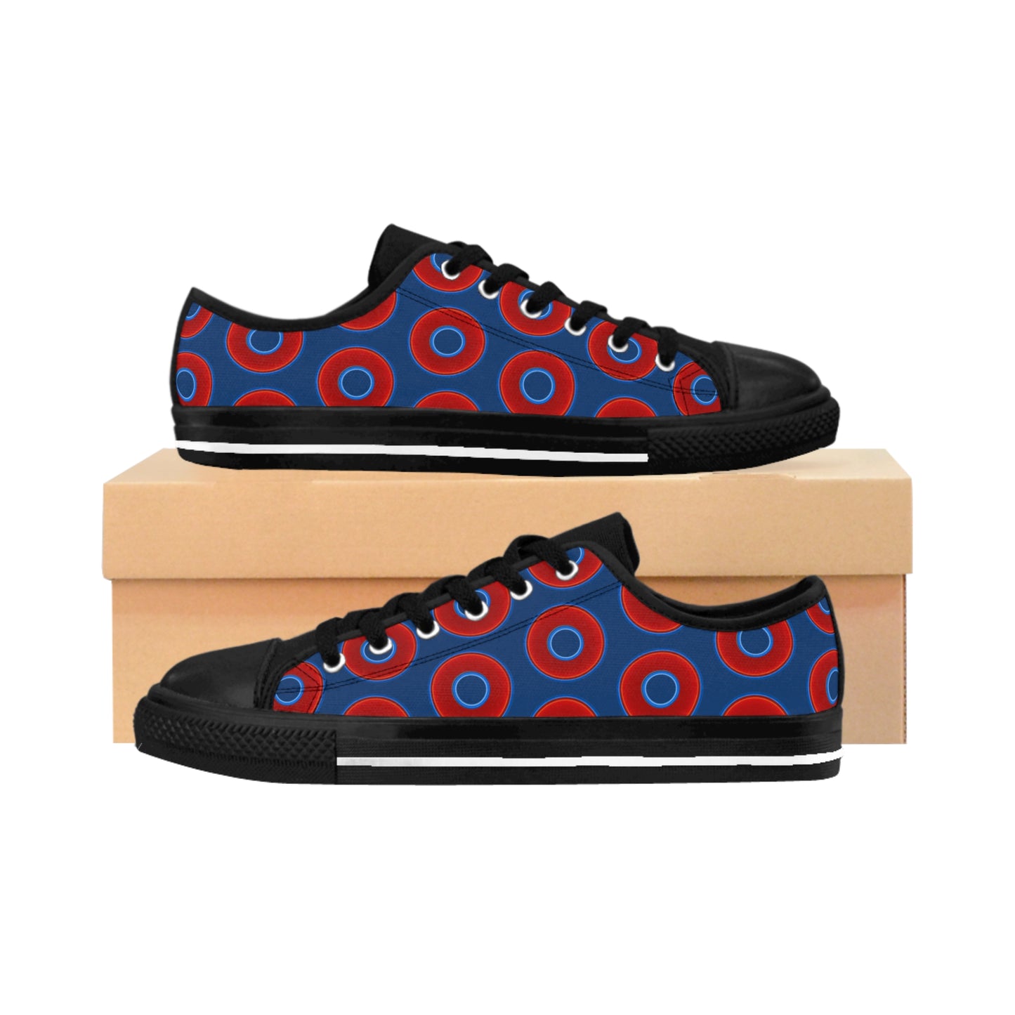 Women's Cushiony Convectors - Low Top - large red vivid donut print w/Atlantic navy blue background