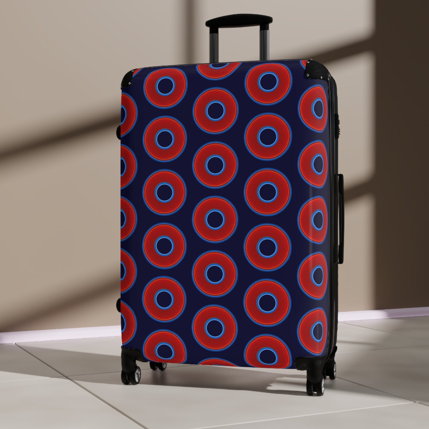 The Very Lumpy Donut Suitcase series - your choice of S, M or L - vivid red donut print w/midnight blue background